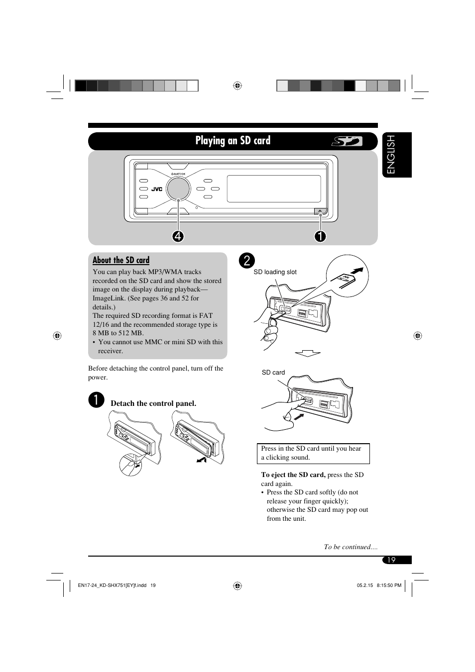 Playing an sd card | JVC KD-SHX751 User Manual | Page 19 / 171