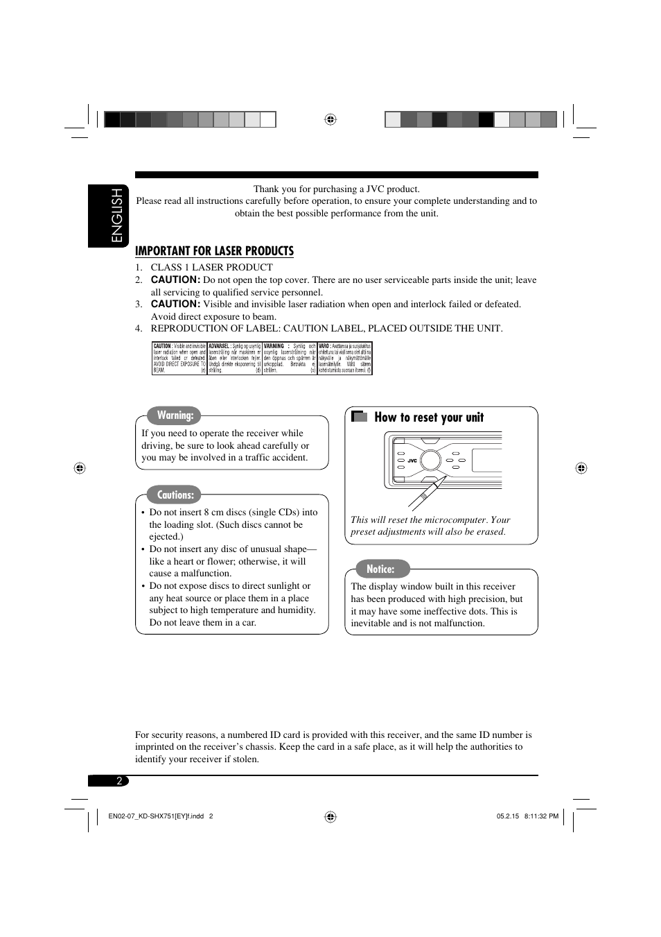 English how to reset your unit | JVC KD-SHX751 User Manual | Page 2 / 171