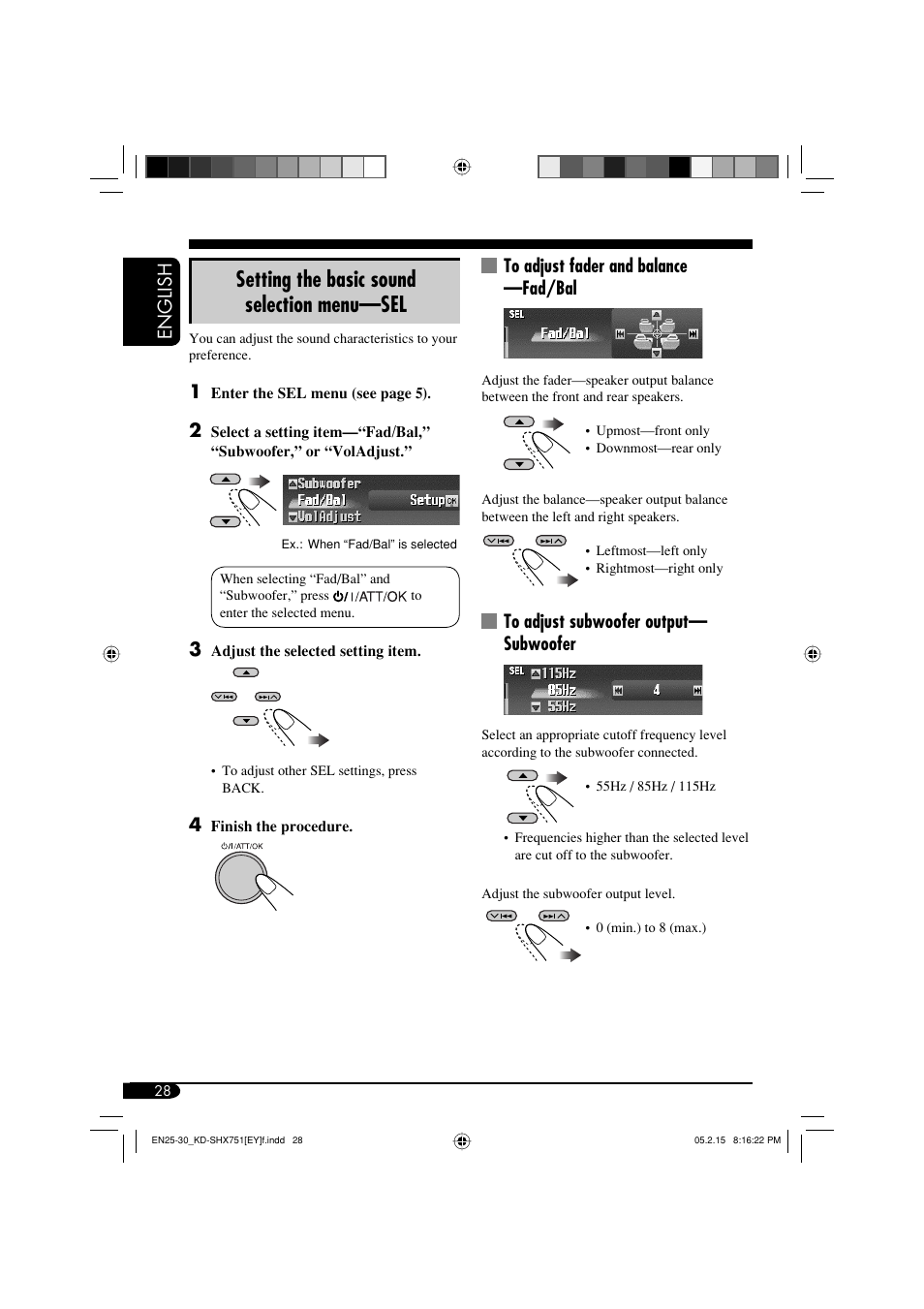 Setting the basic sound selection menu—sel, English to adjust fader and balance —fad/bal | JVC KD-SHX751 User Manual | Page 28 / 171