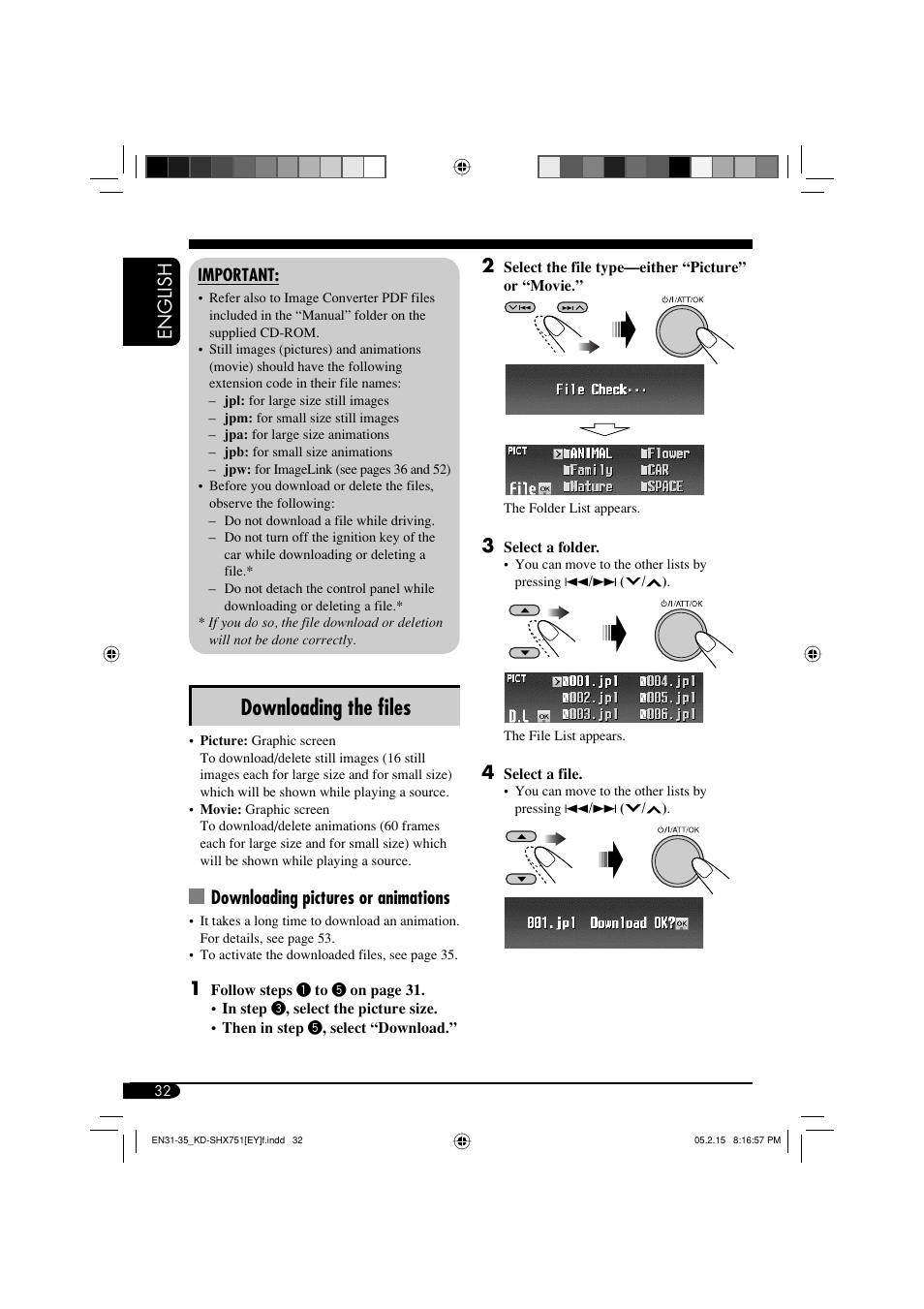 Downloading the fi les, English 2, Downloading pictures or animations | JVC KD-SHX751 User Manual | Page 32 / 171