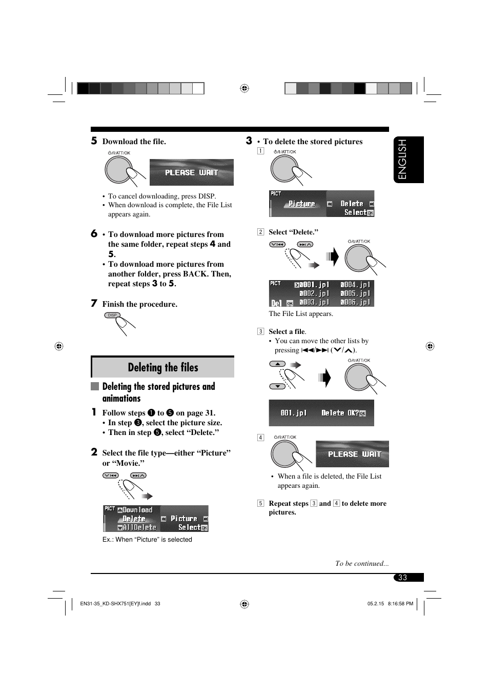 Deleting the fi les, English 5, Deleting the stored pictures and animations 1 | JVC KD-SHX751 User Manual | Page 33 / 171