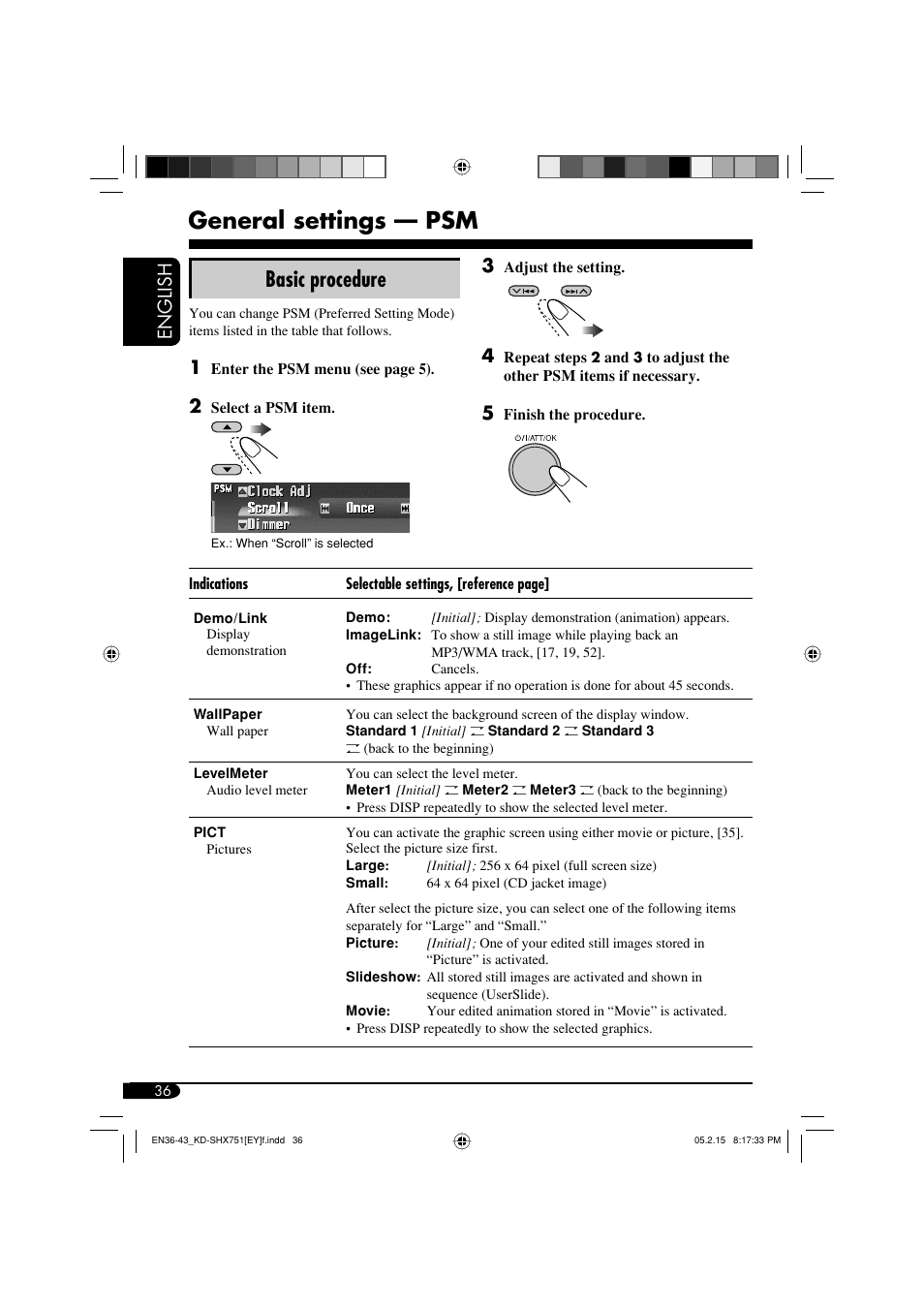 General settings — psm, Basic procedure, English 3 | JVC KD-SHX751 User Manual | Page 36 / 171