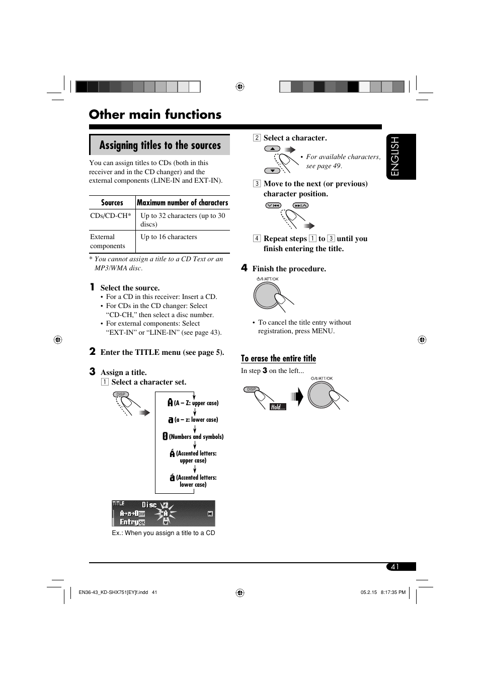 Other main functions, Assigning titles to the sources, English | JVC KD-SHX751 User Manual | Page 41 / 171