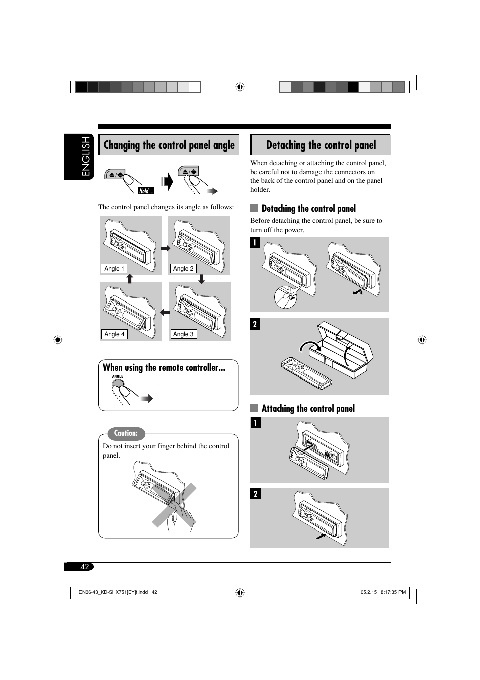 Detaching the control panel, Changing the control panel angle, English | Attaching the control panel, When using the remote controller | JVC KD-SHX751 User Manual | Page 42 / 171