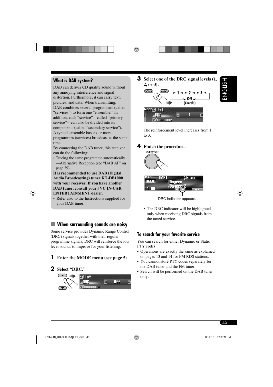 English 3, When surrounding sounds are noisy | JVC KD-SHX751 User Manual | Page 45 / 171