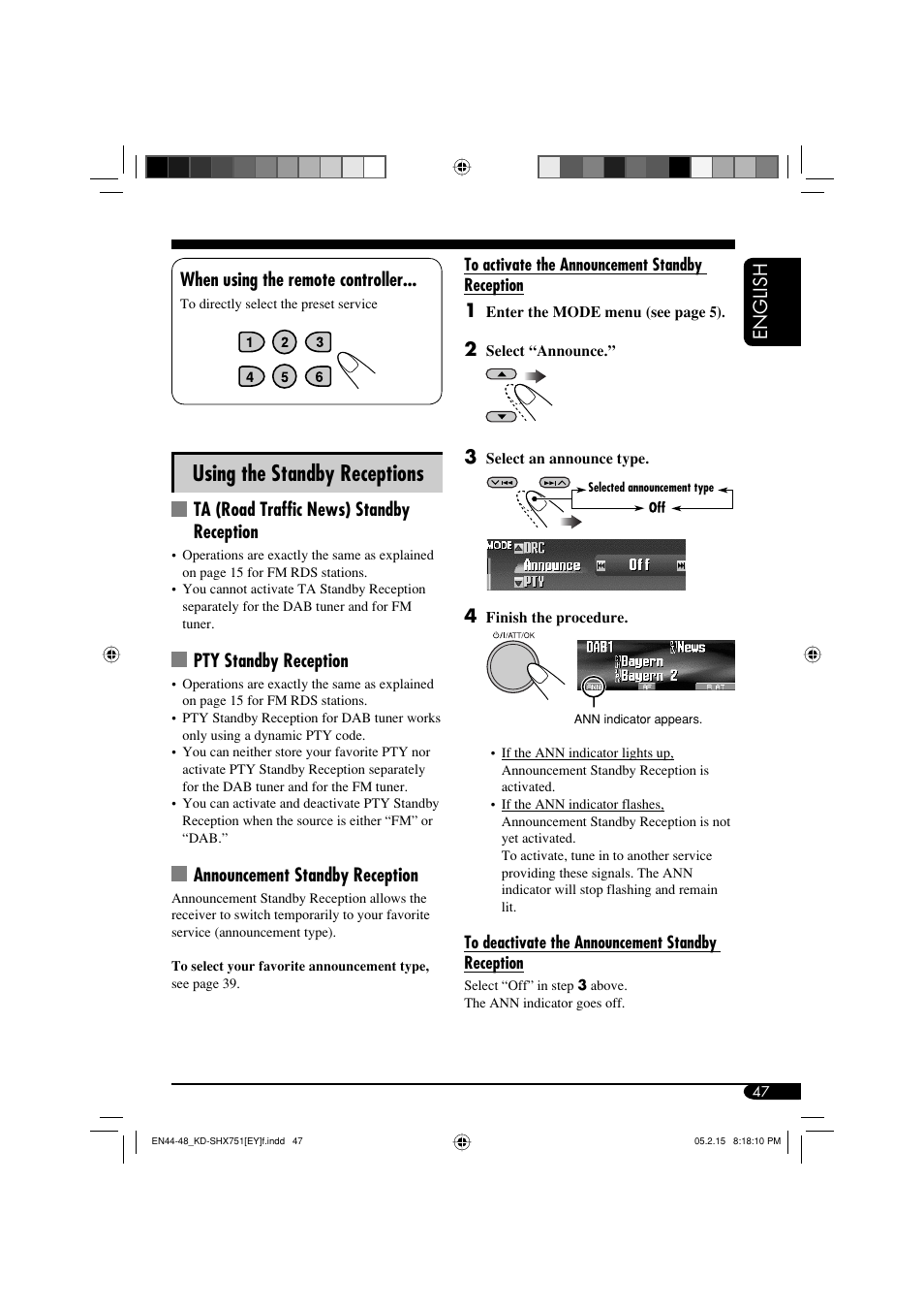 Using the standby receptions, English, When using the remote controller | Ta (road traffic news) standby reception, Pty standby reception, Announcement standby reception | JVC KD-SHX751 User Manual | Page 47 / 171