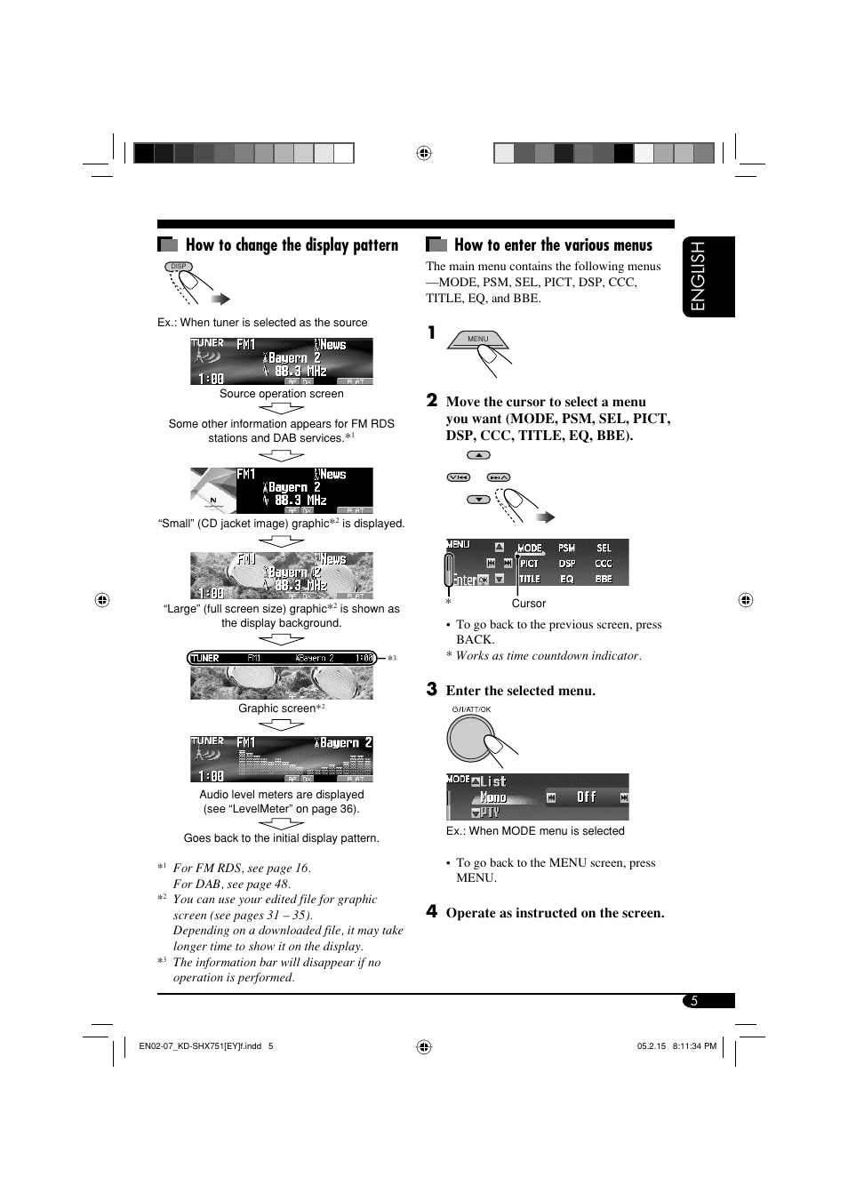 English how to enter the various menus, How to change the display pattern | JVC KD-SHX751 User Manual | Page 5 / 171