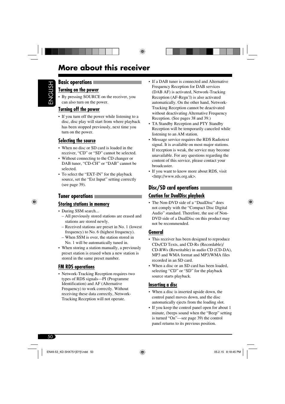 More about this receiver, English, Basic operations | Tuner operations, Disc/sd card operations | JVC KD-SHX751 User Manual | Page 50 / 171