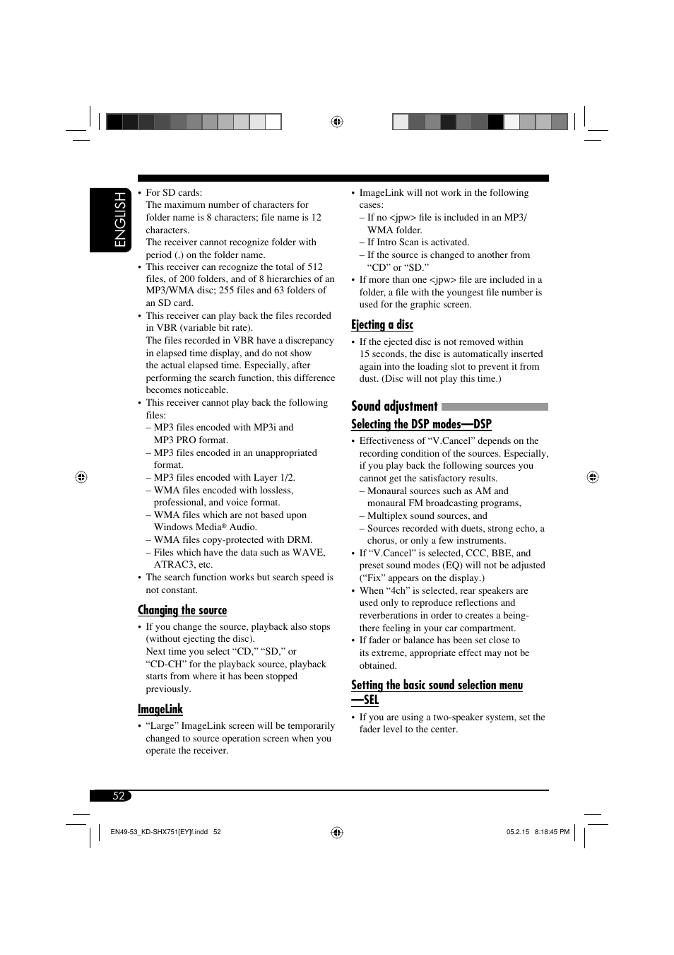 English, Sound adjustment | JVC KD-SHX751 User Manual | Page 52 / 171