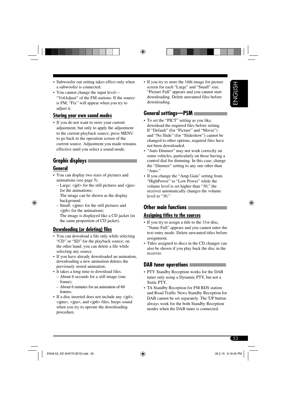 English, General settings—psm, Other main functions | Dab tuner operations, Graphic displays | JVC KD-SHX751 User Manual | Page 53 / 171