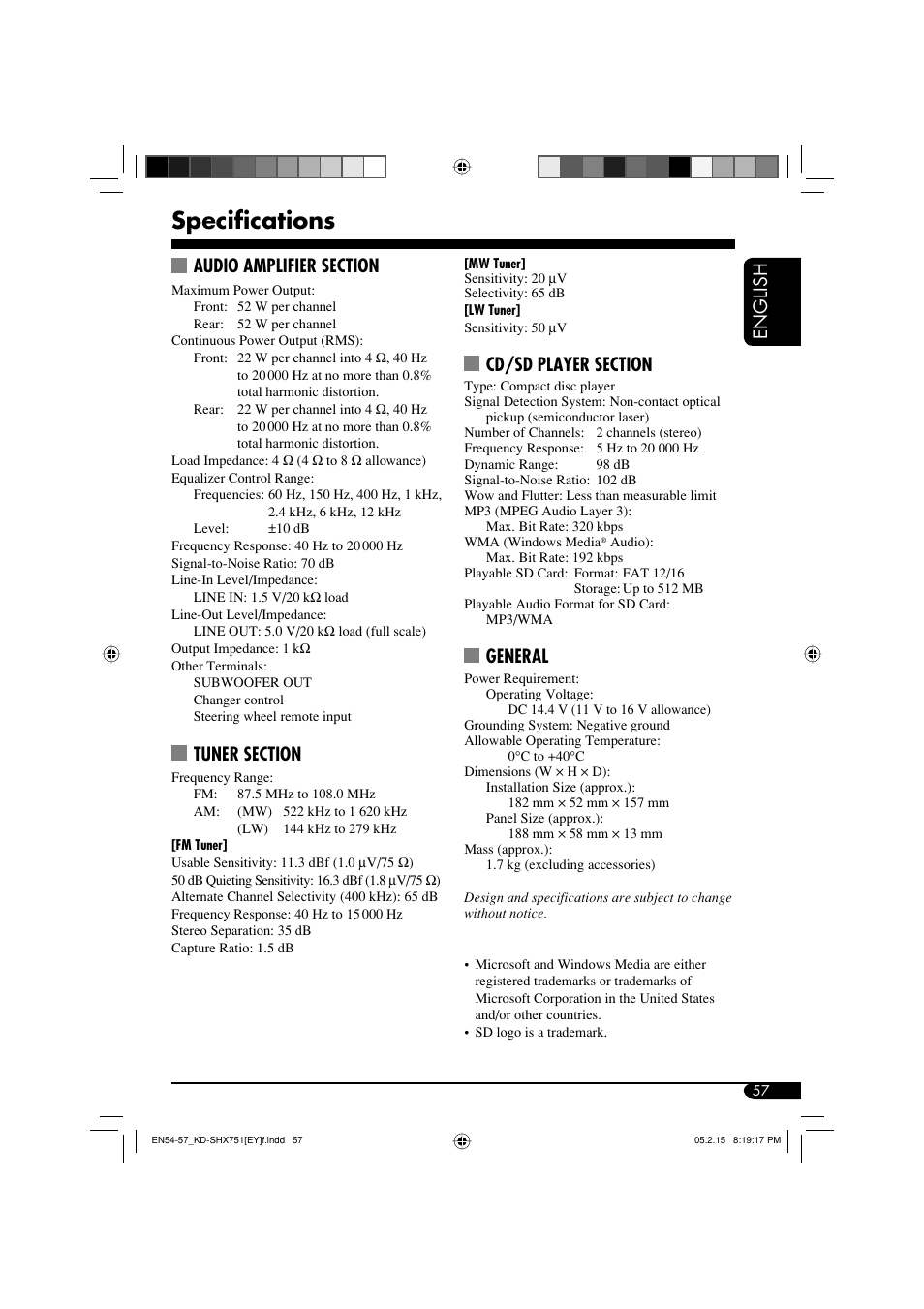 Specifications, English, General | JVC KD-SHX751 User Manual | Page 57 / 171