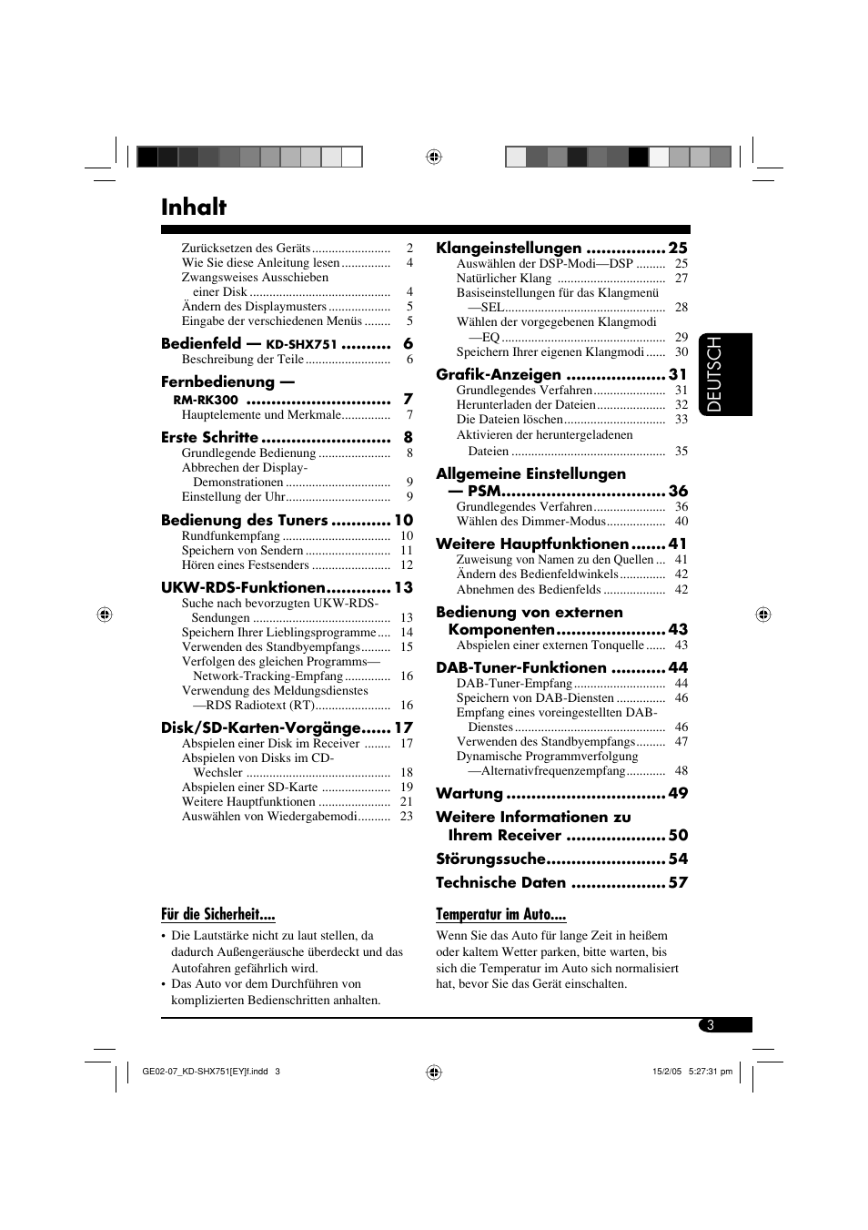 Inhalt, Deutsch | JVC KD-SHX751 User Manual | Page 59 / 171