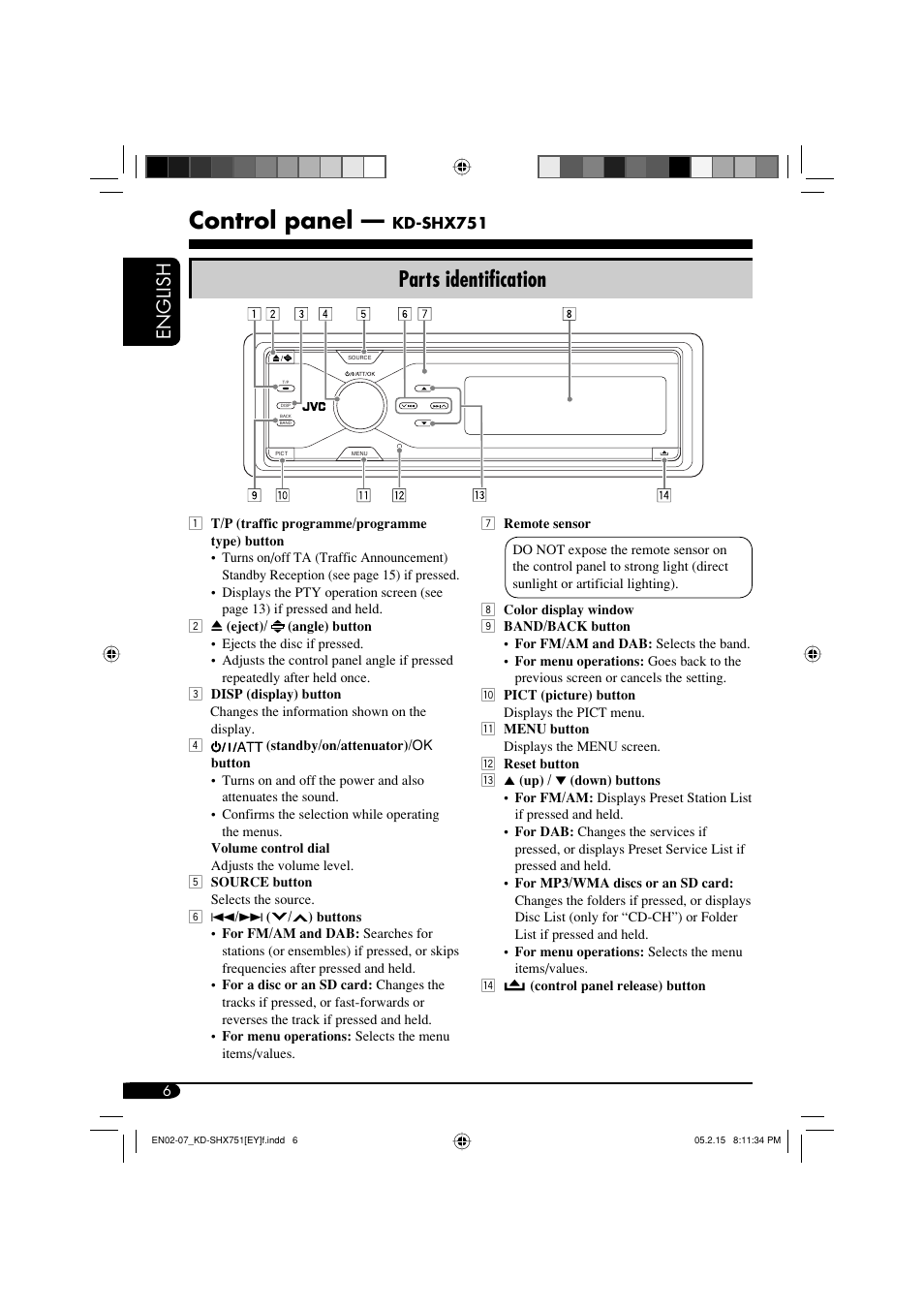 Control panel, Parts identification, English | JVC KD-SHX751 User Manual | Page 6 / 171