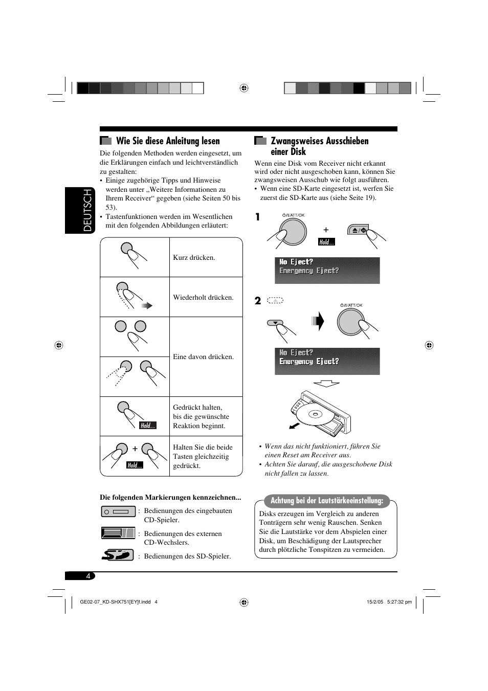 Deutsch wie sie diese anleitung lesen, Zwangsweises ausschieben einer disk | JVC KD-SHX751 User Manual | Page 60 / 171