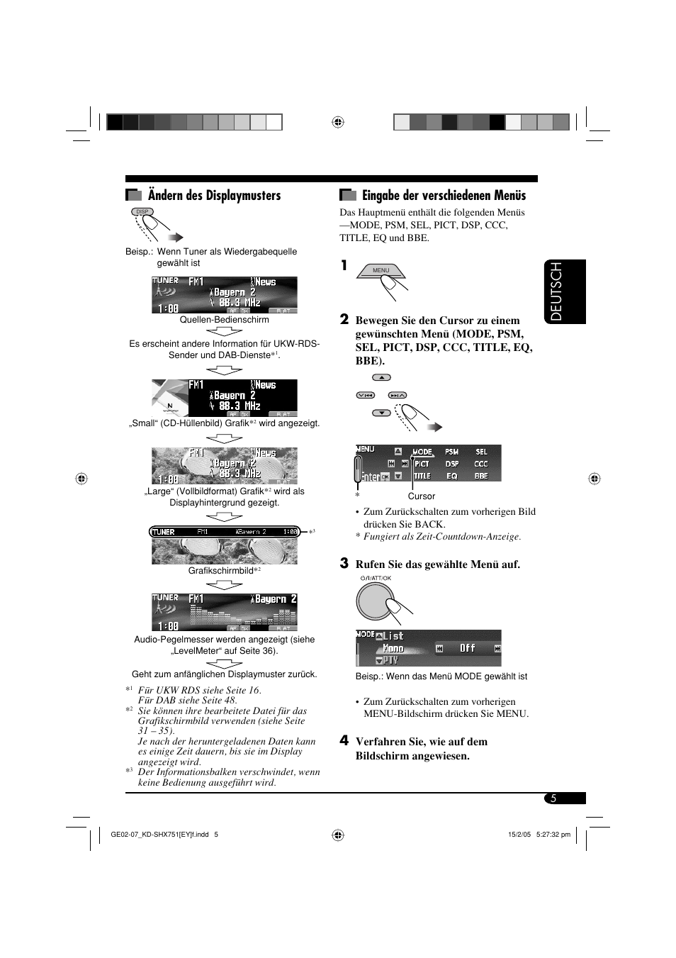 Deutsch eingabe der verschiedenen menüs, Ändern des displaymusters | JVC KD-SHX751 User Manual | Page 61 / 171