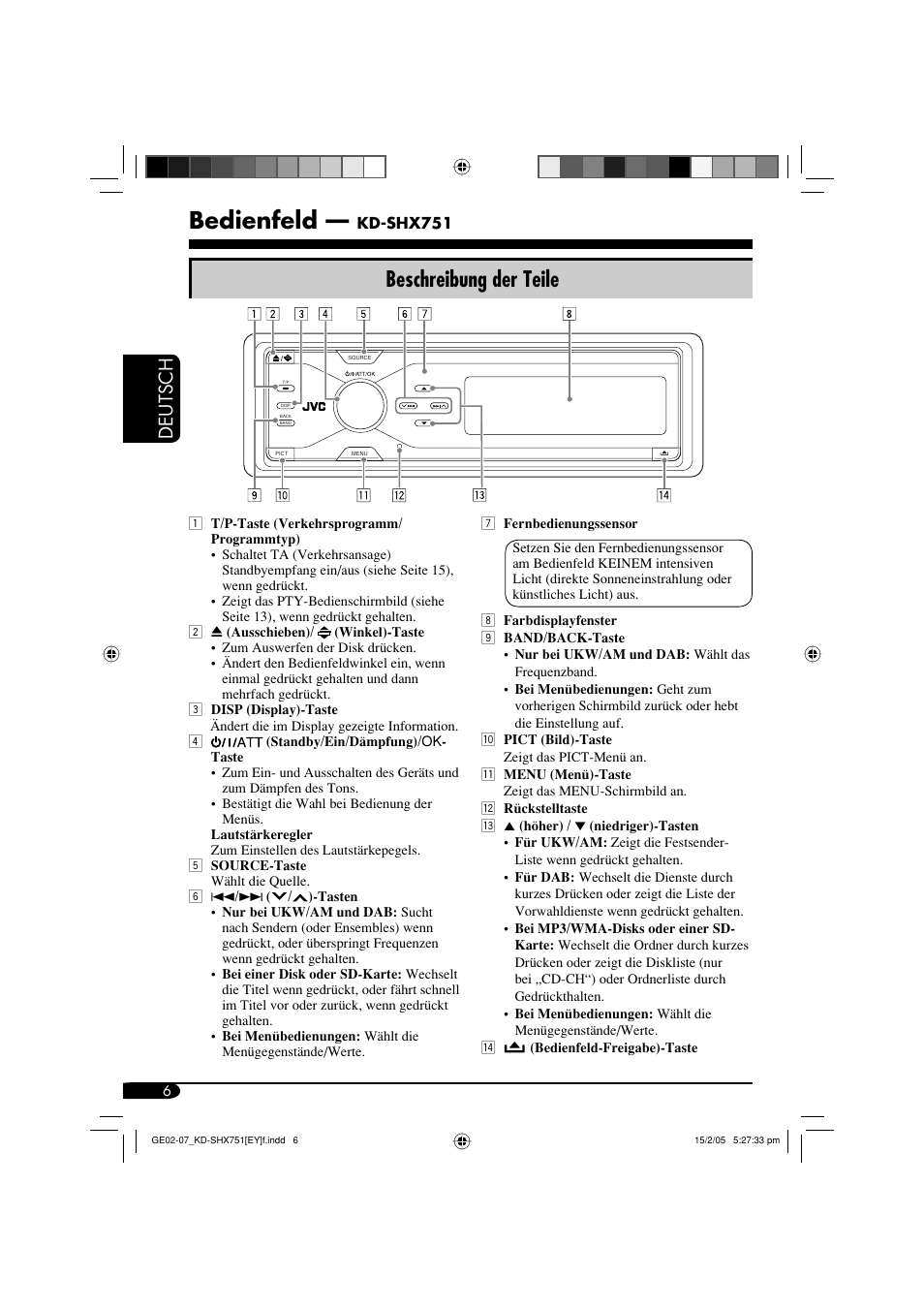 Bedienfeld, Beschreibung der teile, Deutsch | JVC KD-SHX751 User Manual | Page 62 / 171