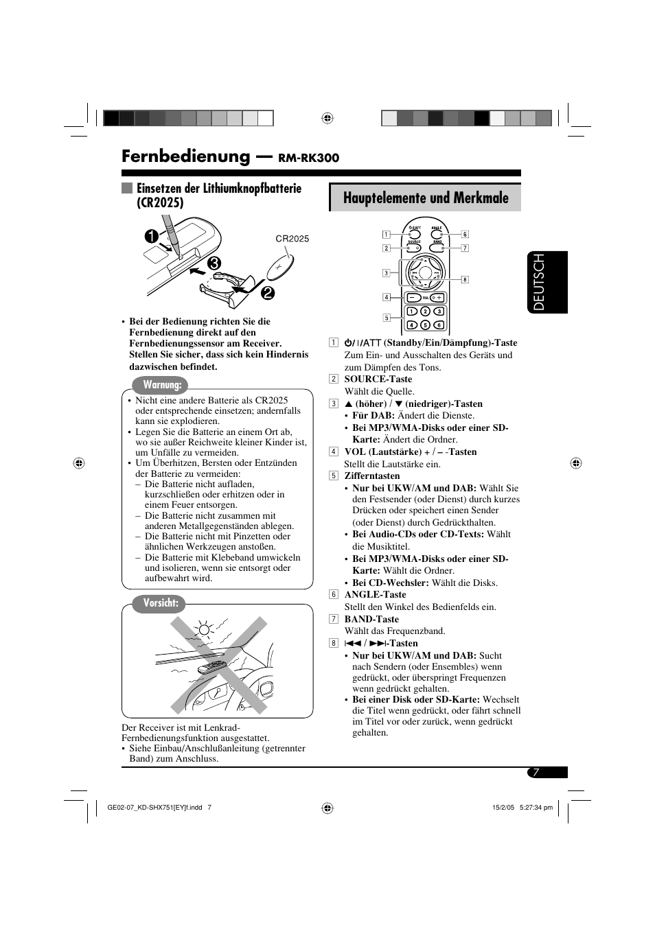 Fernbedienung, Hauptelemente und merkmale, Deutsch | Einsetzen der lithiumknopfbatterie (cr2025) | JVC KD-SHX751 User Manual | Page 63 / 171