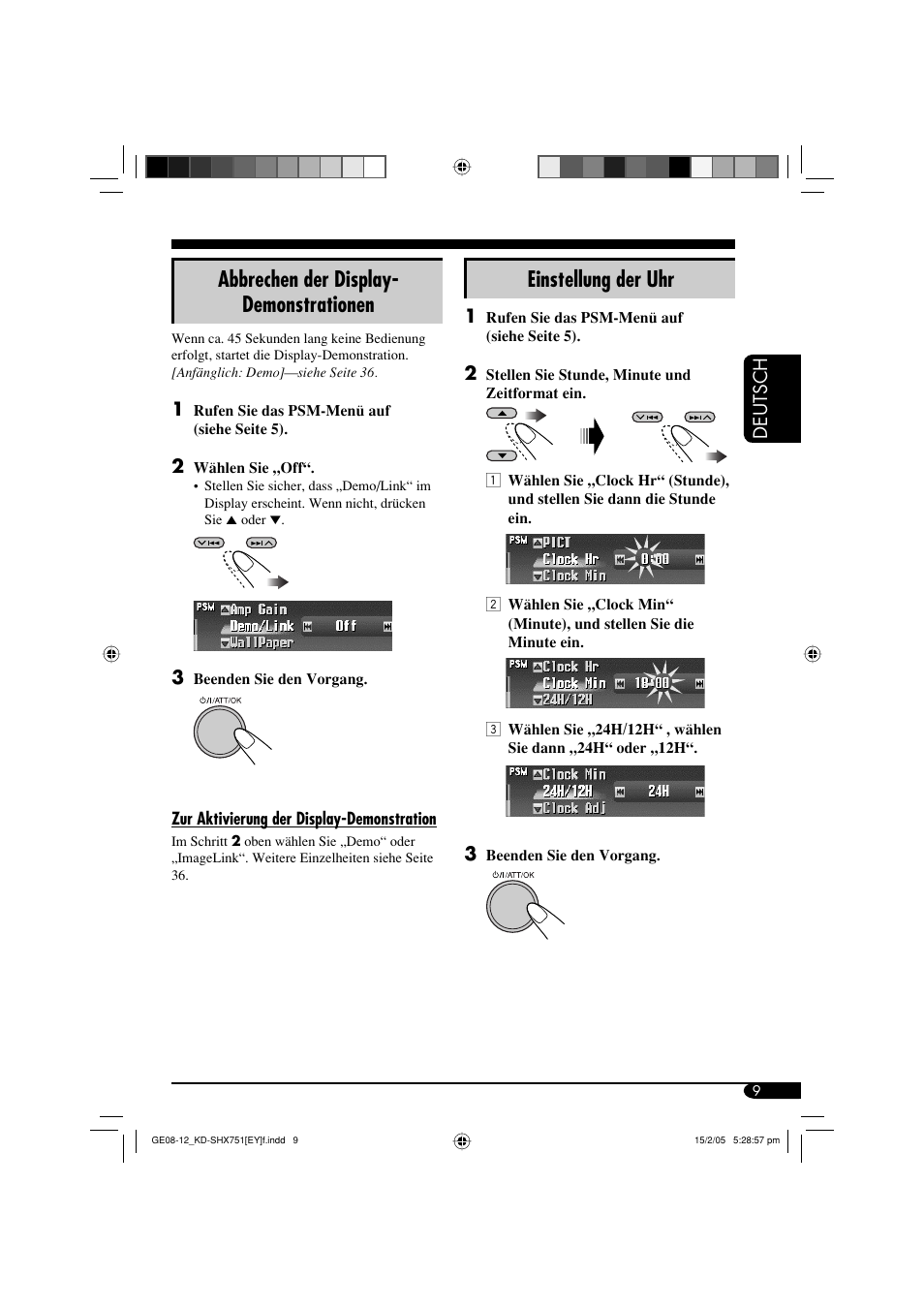 Einstellung der uhr, Abbrechen der display- demonstrationen | JVC KD-SHX751 User Manual | Page 65 / 171