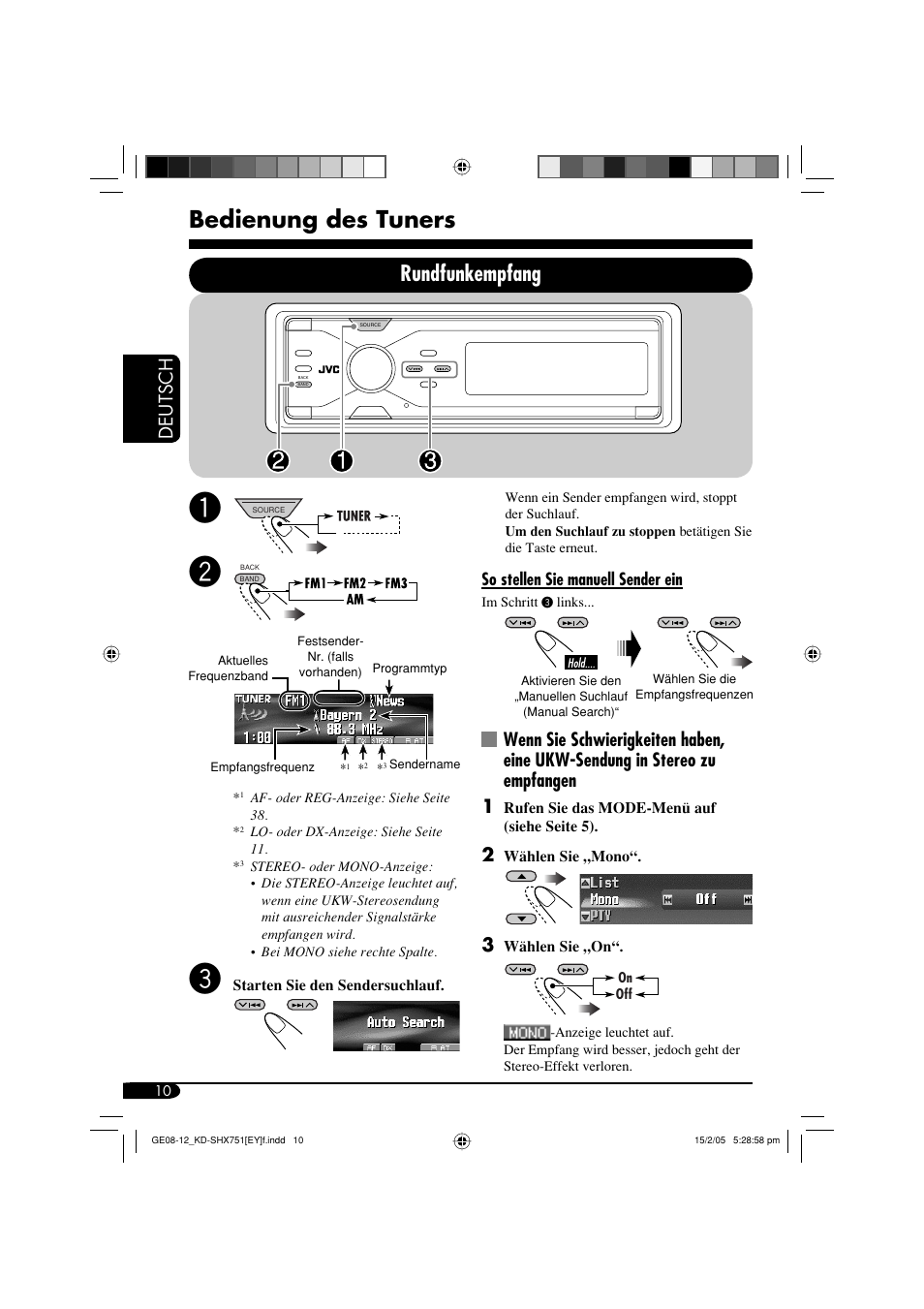 Bedienung des tuners, Rundfunkempfang, Deutsch | JVC KD-SHX751 User Manual | Page 66 / 171