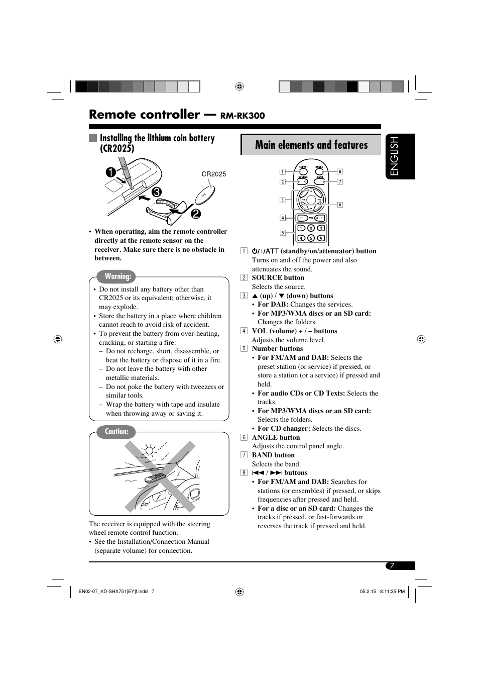 Remote controller, Main elements and features, English | Installing the lithium coin battery (cr2025) | JVC KD-SHX751 User Manual | Page 7 / 171