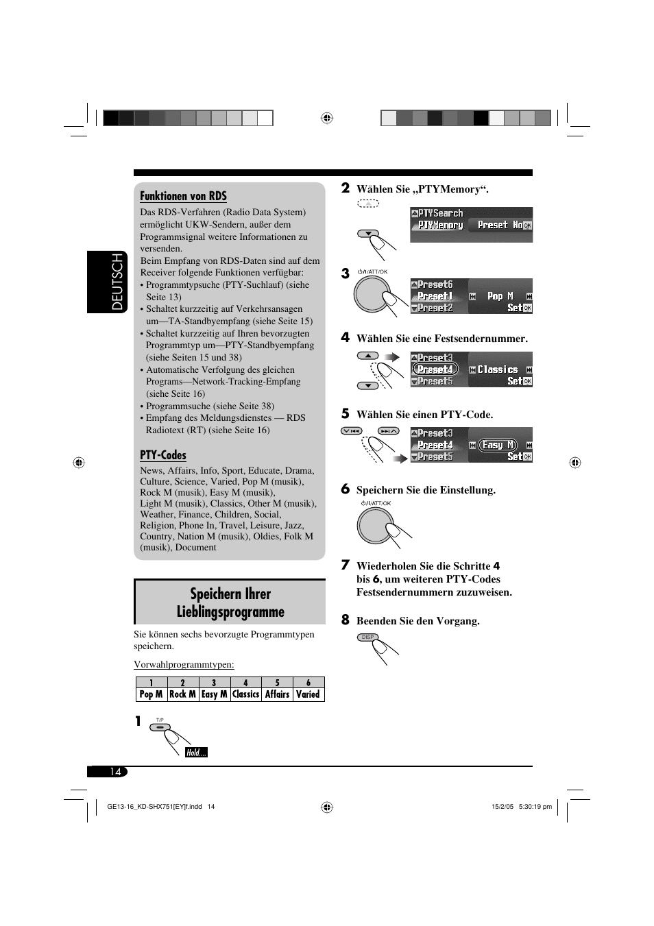 Speichern ihrer lieblingsprogramme, Deutsch 2 | JVC KD-SHX751 User Manual | Page 70 / 171