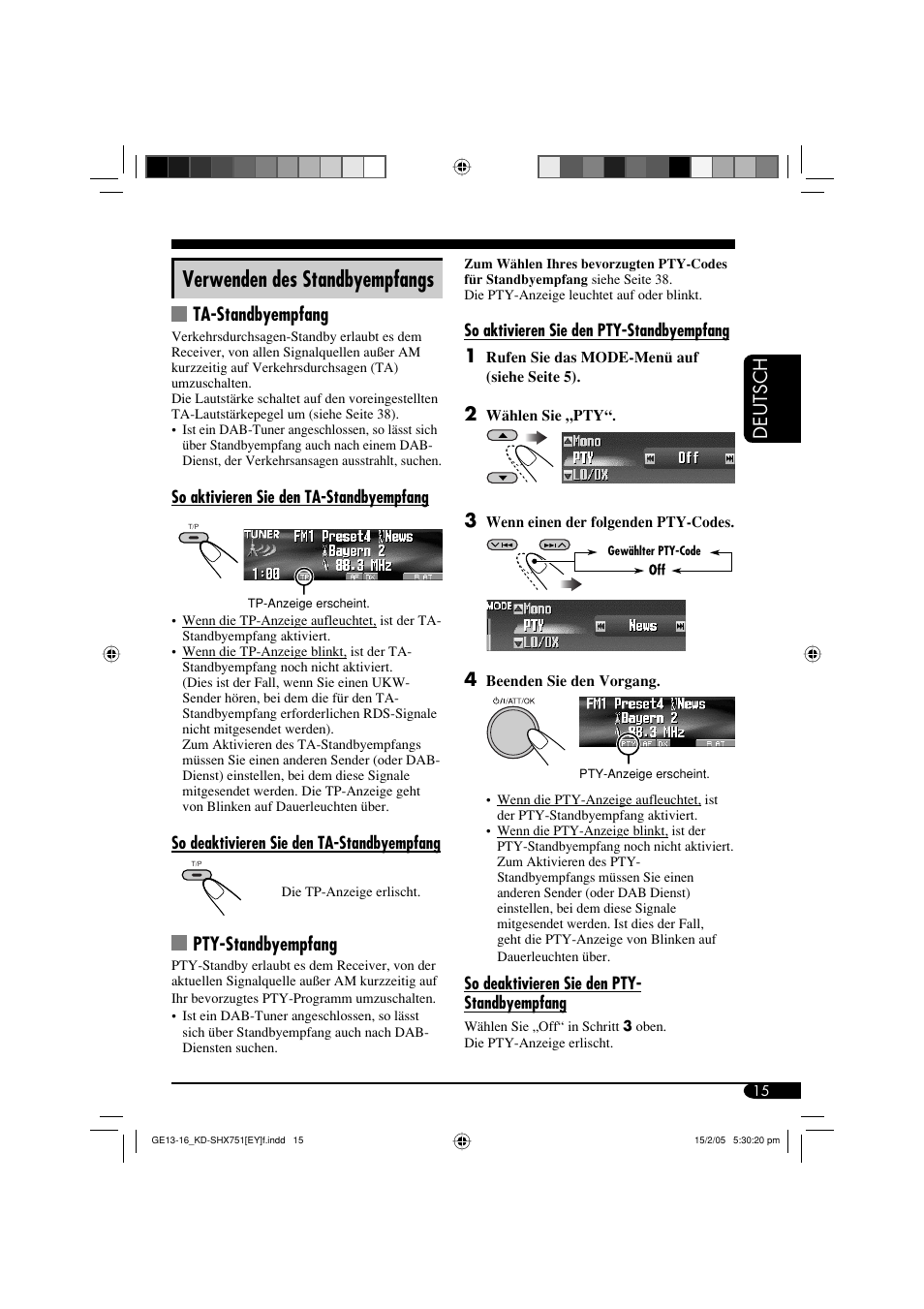 Verwenden des standbyempfangs, Deutsch, Ta-standbyempfang | Pty-standbyempfang | JVC KD-SHX751 User Manual | Page 71 / 171