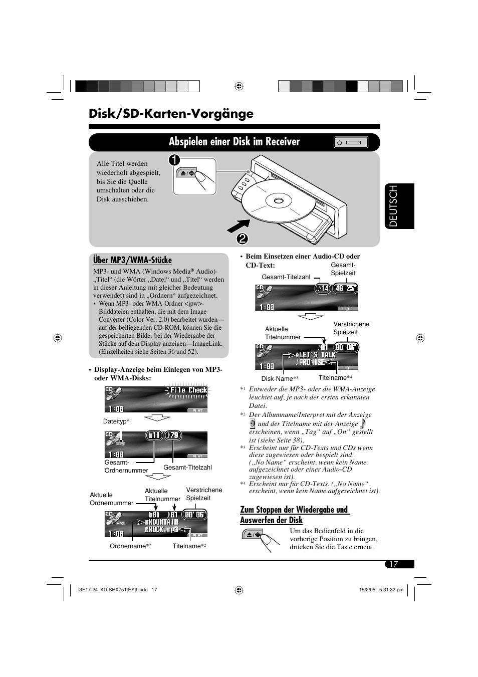 Disk/sd-karten-vorgänge, Abspielen einer disk im receiver, Deutsch | Über mp3/wma-stücke, Zum stoppen der wiedergabe und auswerfen der disk | JVC KD-SHX751 User Manual | Page 73 / 171