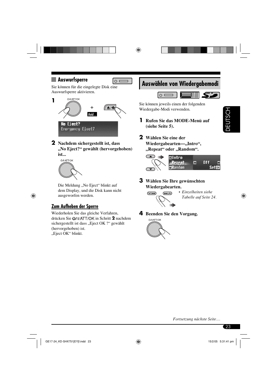 Auswählen von wiedergabemodi, Deutsch, Auswurfsperre | JVC KD-SHX751 User Manual | Page 79 / 171