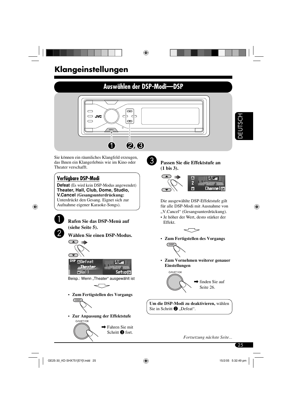 Klangeinstellungen, Auswählen der dsp-modi—dsp, Deutsch | JVC KD-SHX751 User Manual | Page 81 / 171