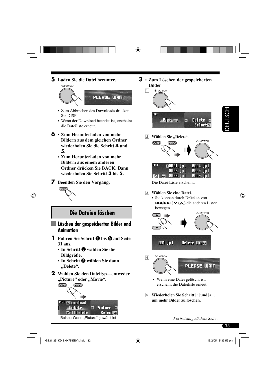 Die dateien löschen, Deutsch 5, Löschen der gespeicherten bilder und animation 1 | JVC KD-SHX751 User Manual | Page 89 / 171