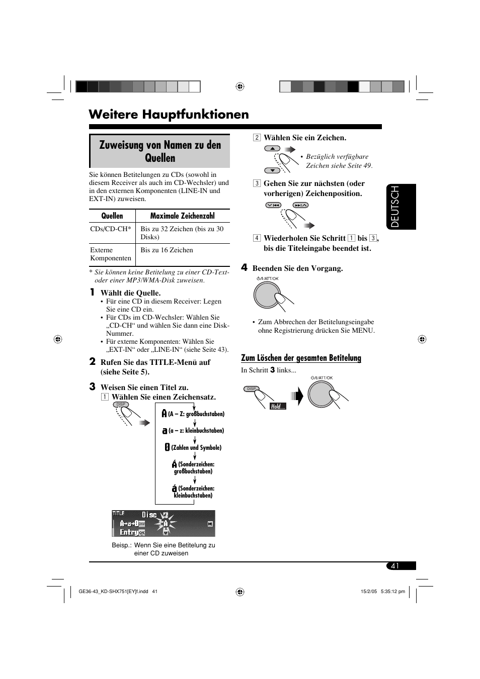 Weitere hauptfunktionen, Zuweisung von namen zu den quellen, Deutsch | JVC KD-SHX751 User Manual | Page 97 / 171