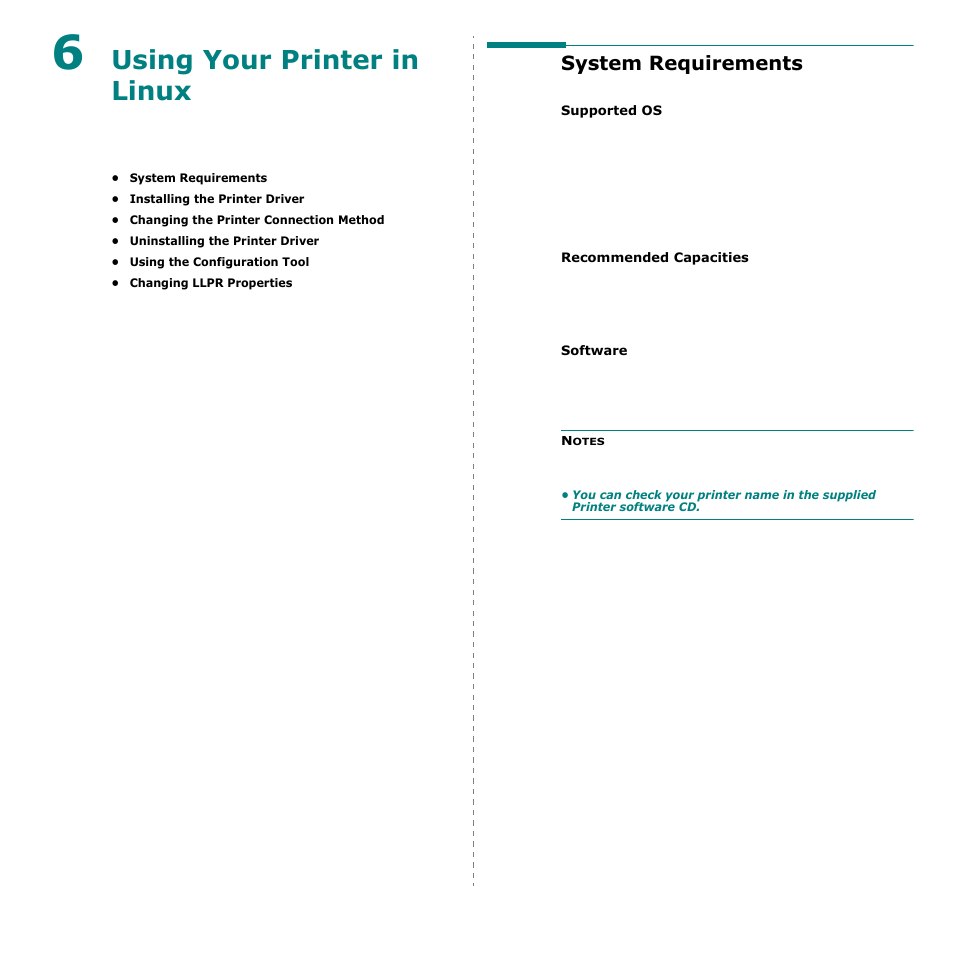 Using your printer in linux, System requirements, Chapter 6 | Samsung CLP-600 User Manual | Page 104 / 115