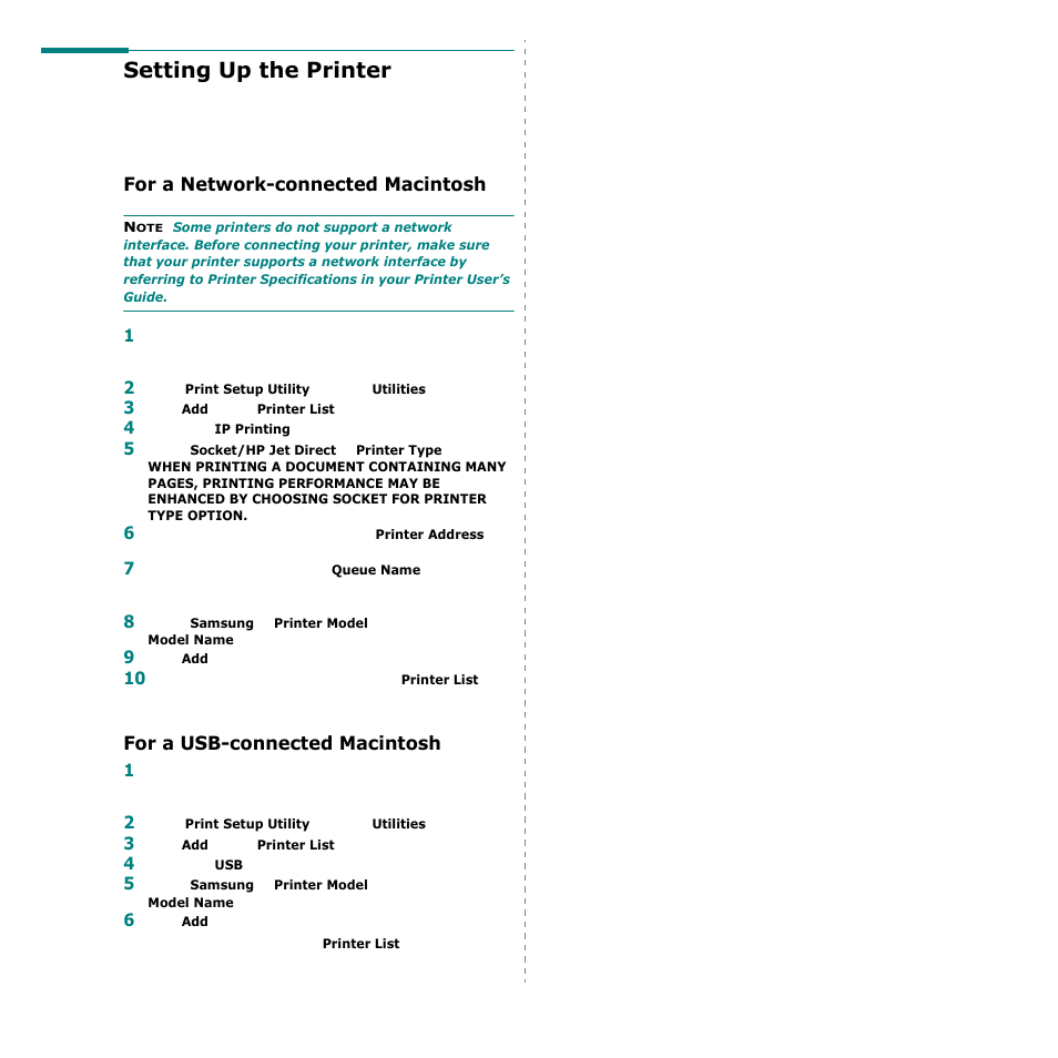 Setting up the printer, For a network-connected macintosh, For a usb-connected macintosh | Samsung CLP-600 User Manual | Page 110 / 115