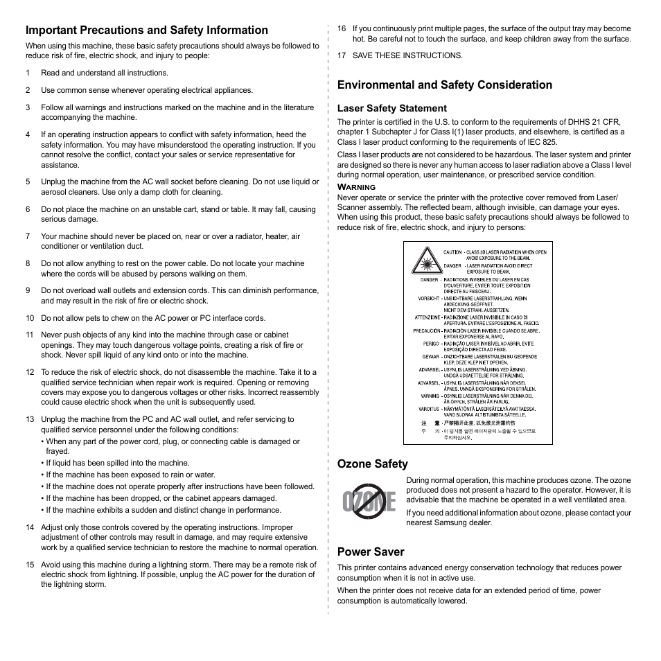 Important precautions and safety information, Environmental and safety consideration, Ozone safety | Power saver | Samsung CLP-600 User Manual | Page 6 / 115