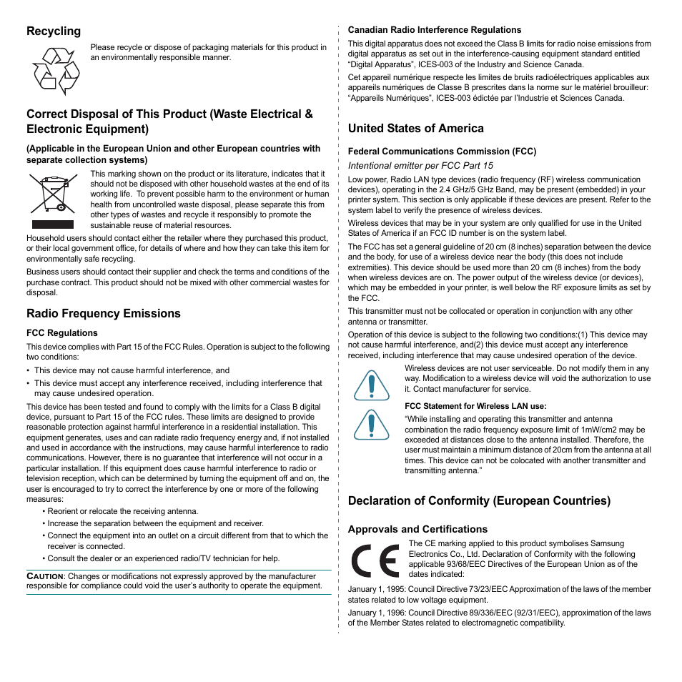Recycling, Radio frequency emissions, United states of america | Declaration of conformity (european countries) | Samsung CLP-600 User Manual | Page 7 / 115