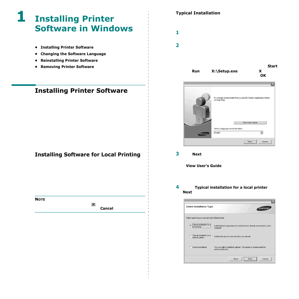 Installing printer software in windows, Installing printer software, Installing software for local printing | Chapter 1 | Samsung CLP-600 User Manual | Page 79 / 115