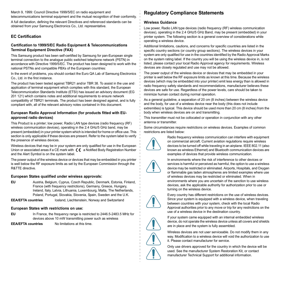 Regulatory compliance statements | Samsung CLP-600 User Manual | Page 8 / 115