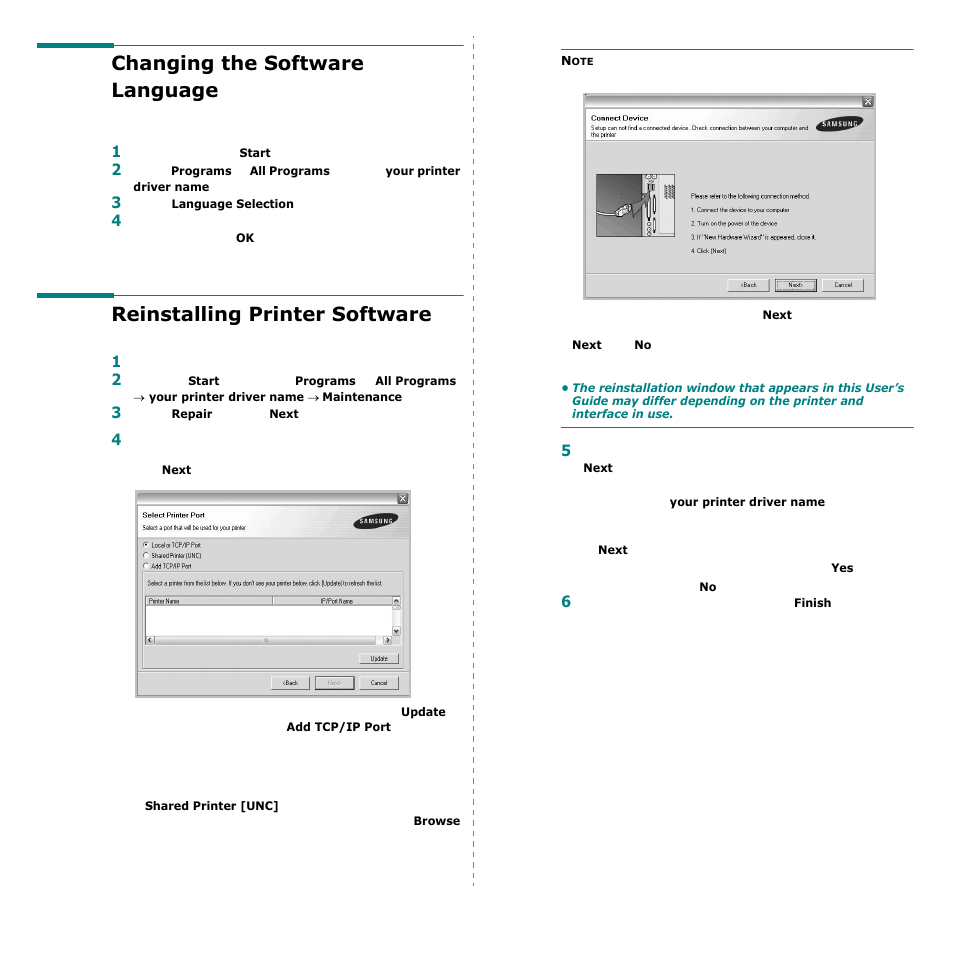 Changing the software language, Reinstalling printer software | Samsung CLP-600 User Manual | Page 85 / 115