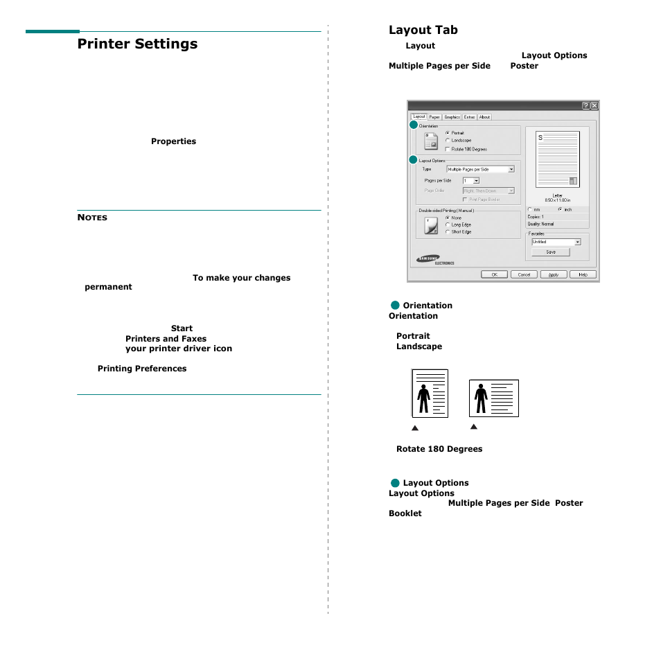 Printer settings, Layout tab | Samsung CLP-600 User Manual | Page 88 / 115
