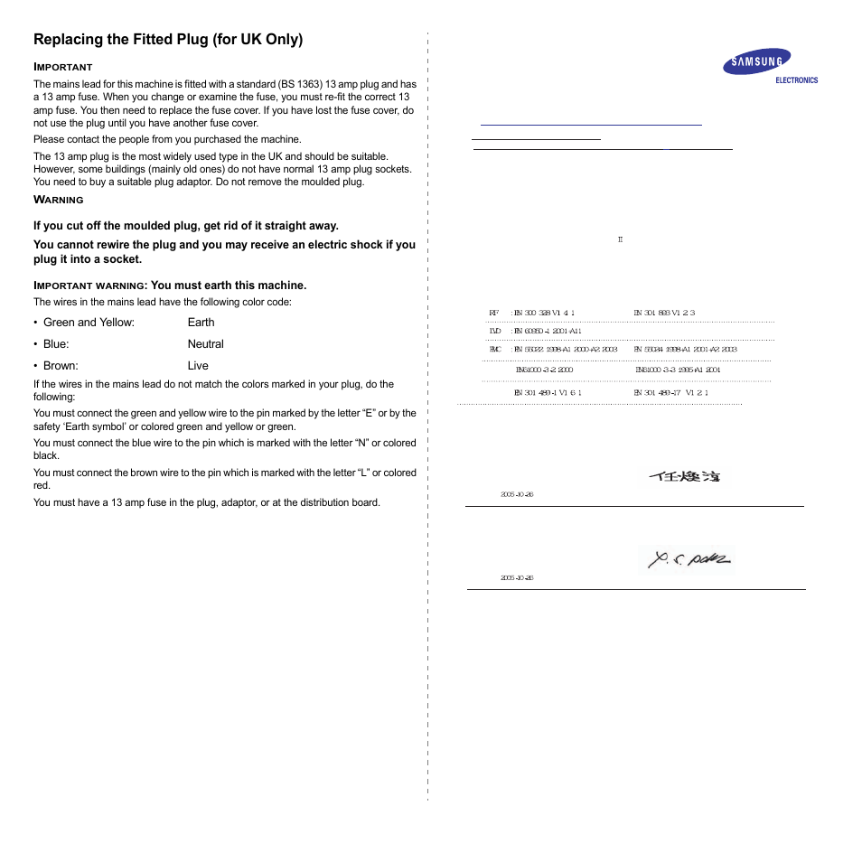 Replacing the fitted plug (for uk only), You must earth this machine | Samsung CLP-600 User Manual | Page 9 / 115