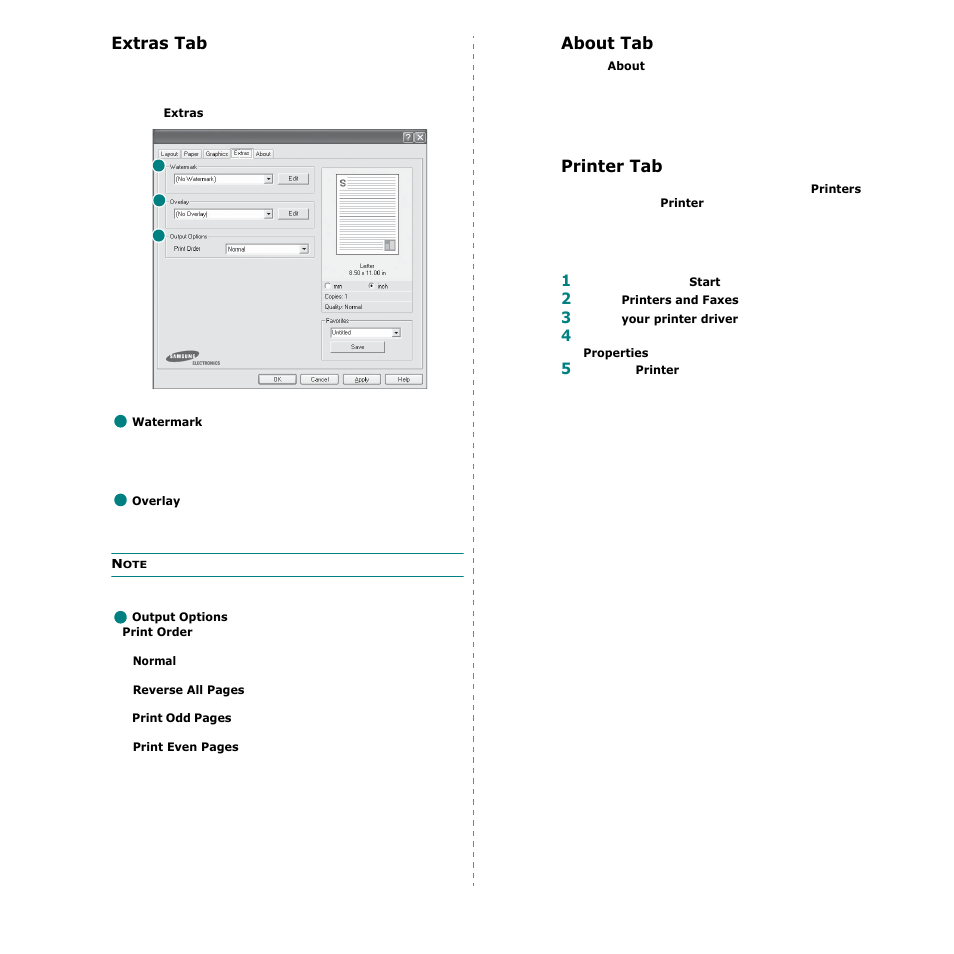 Extras tab, About tab, Printer tab | Extras tab about tab printer tab, Extras tab - about tab - printer tab | Samsung CLP-600 User Manual | Page 91 / 115