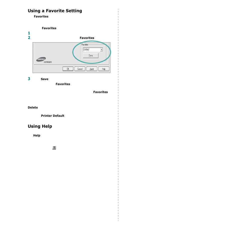 Using a favorite setting, Using help, Using a favorite setting using help | Using a favorite setting - using help | Samsung CLP-600 User Manual | Page 92 / 115