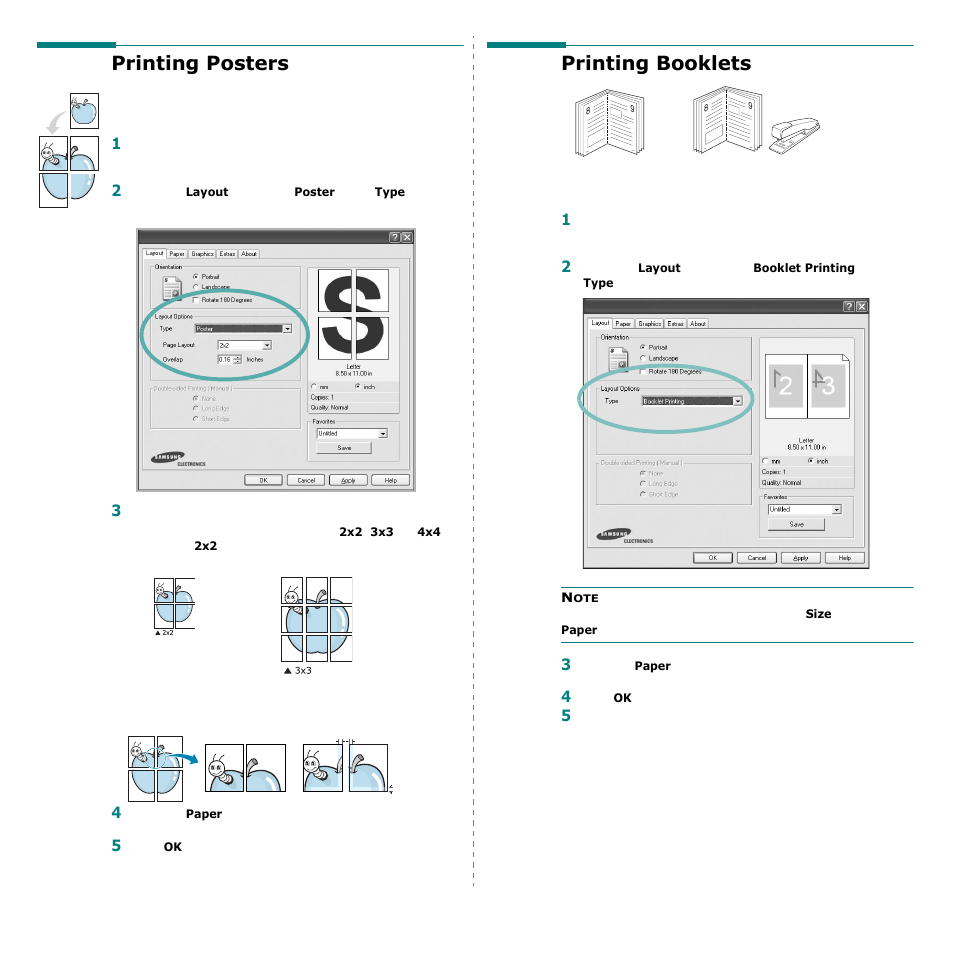 Printing posters, Printing booklets, Printing posters printing booklets | Samsung CLP-600 User Manual | Page 94 / 115