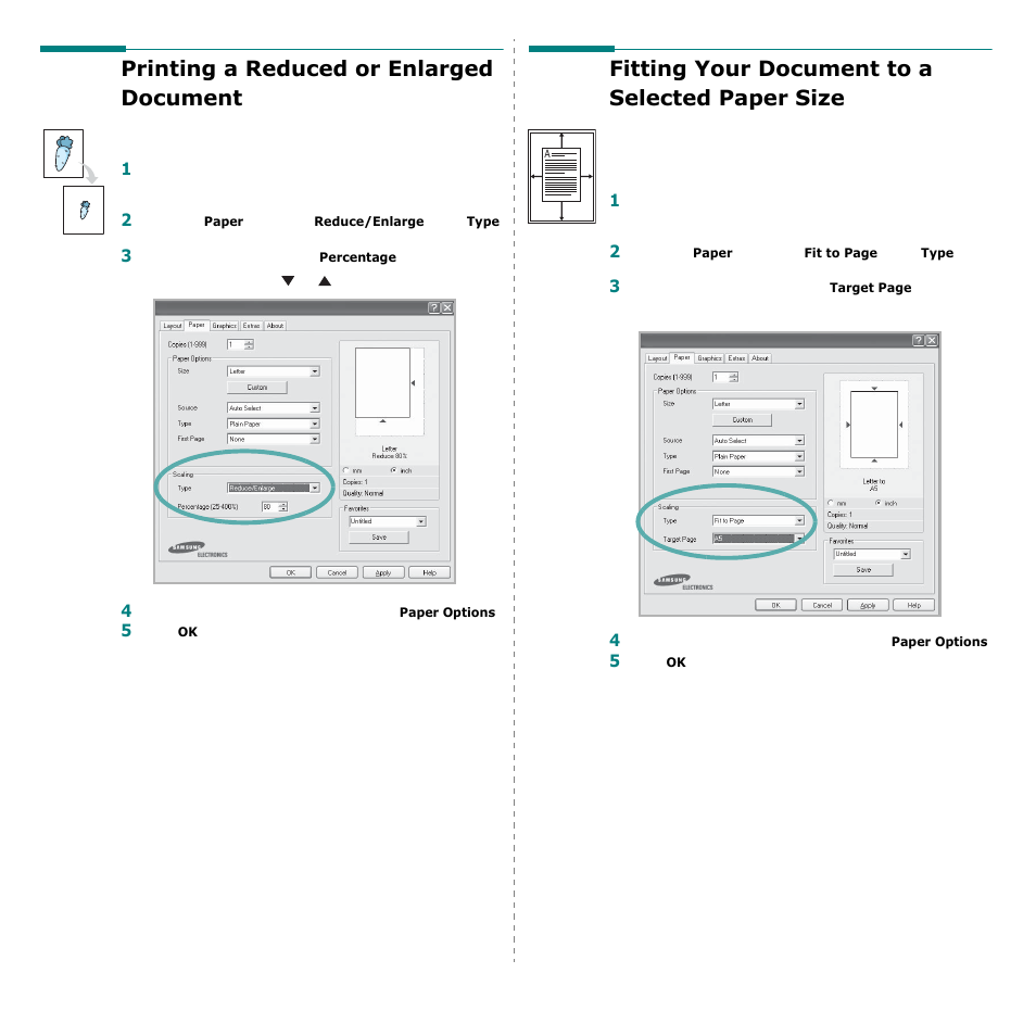 Printing a reduced or enlarged document, Fitting your document to a selected paper size, E “printing a reduced or enlarged document” on | Fitting your document to a selected paper | Samsung CLP-600 User Manual | Page 96 / 115