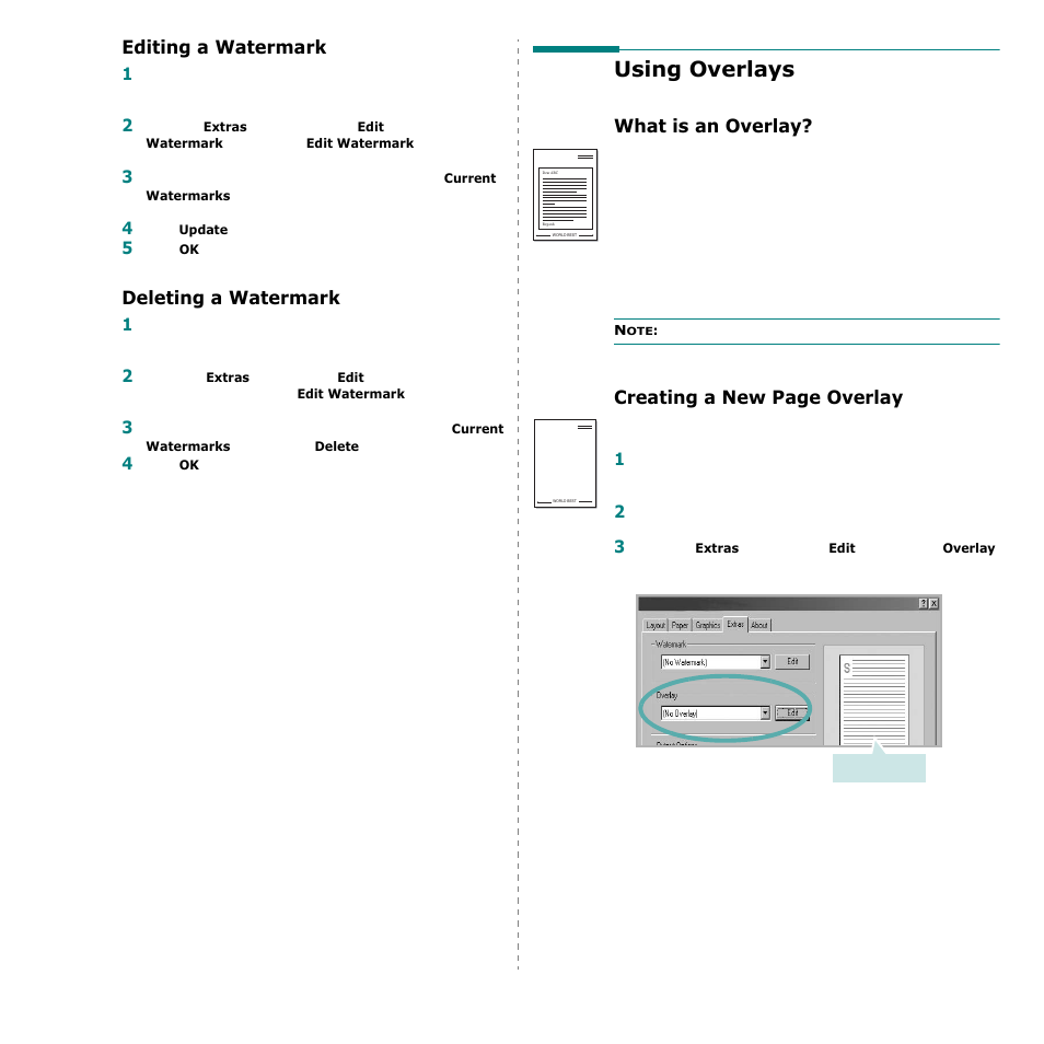 Editing a watermark, Deleting a watermark, Using overlays | What is an overlay, Editing a watermark deleting a watermark, Creating a new page overlay | Samsung CLP-600 User Manual | Page 98 / 115