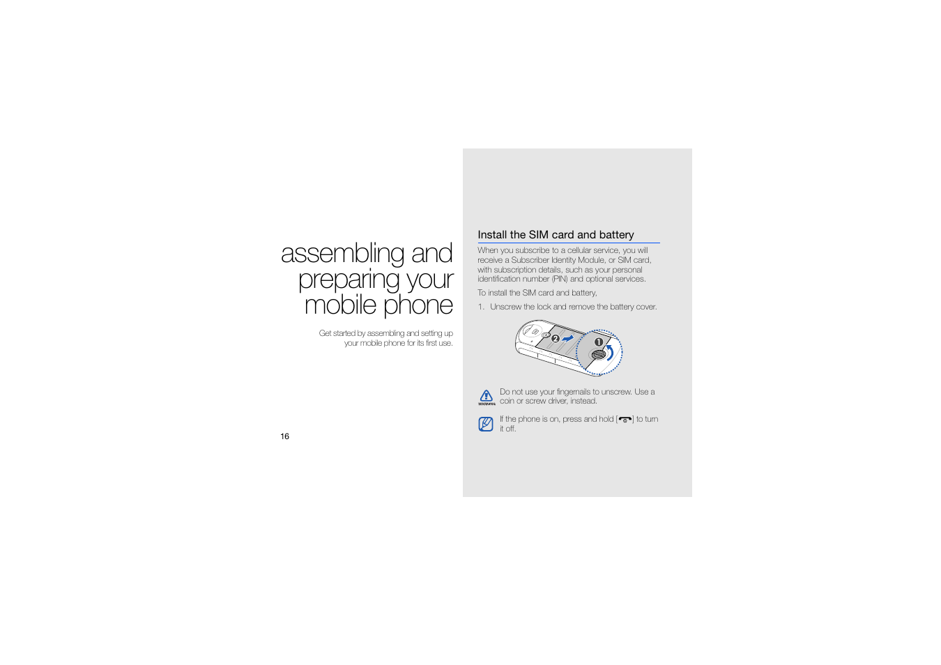 Assembling and preparing your mobile phone, Install the sim card and battery | Samsung B2100 User Manual | Page 20 / 63