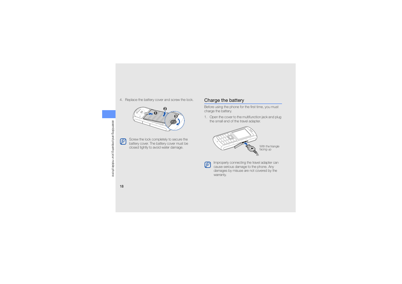 Charge the battery | Samsung B2100 User Manual | Page 22 / 63