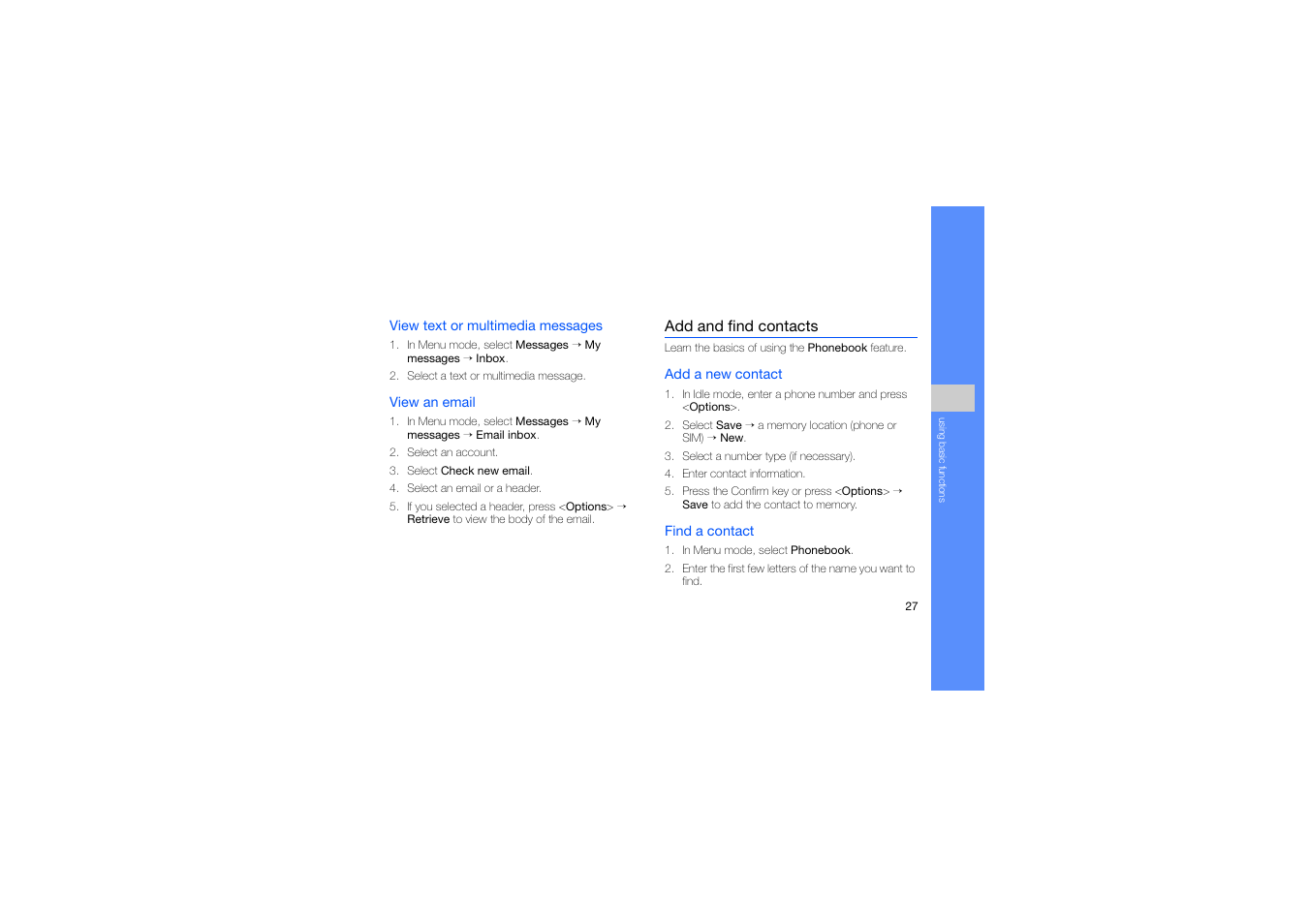 Add and find contacts | Samsung B2100 User Manual | Page 31 / 63