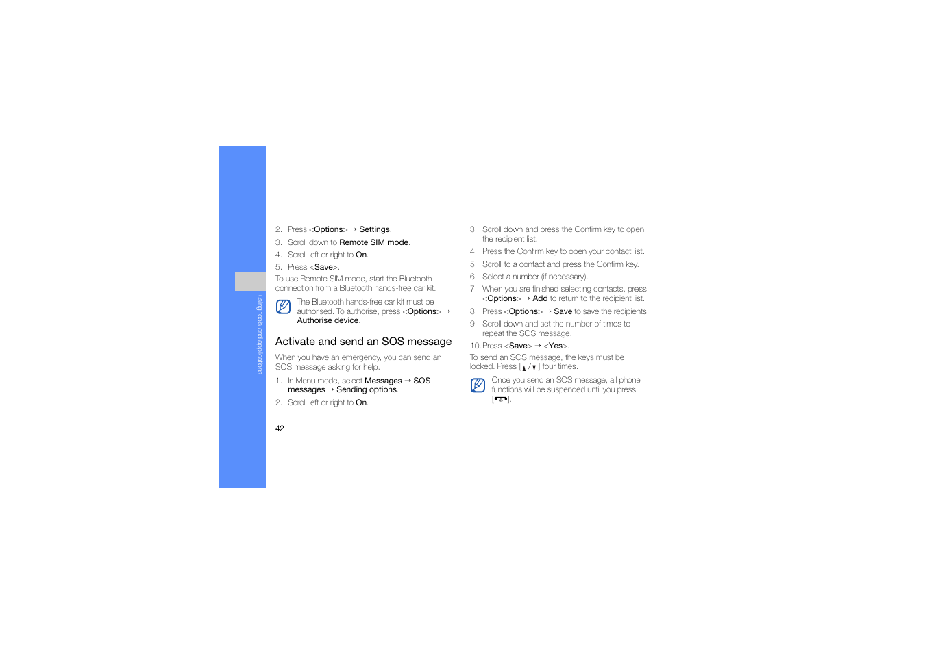 Activate and send an sos message | Samsung B2100 User Manual | Page 46 / 63