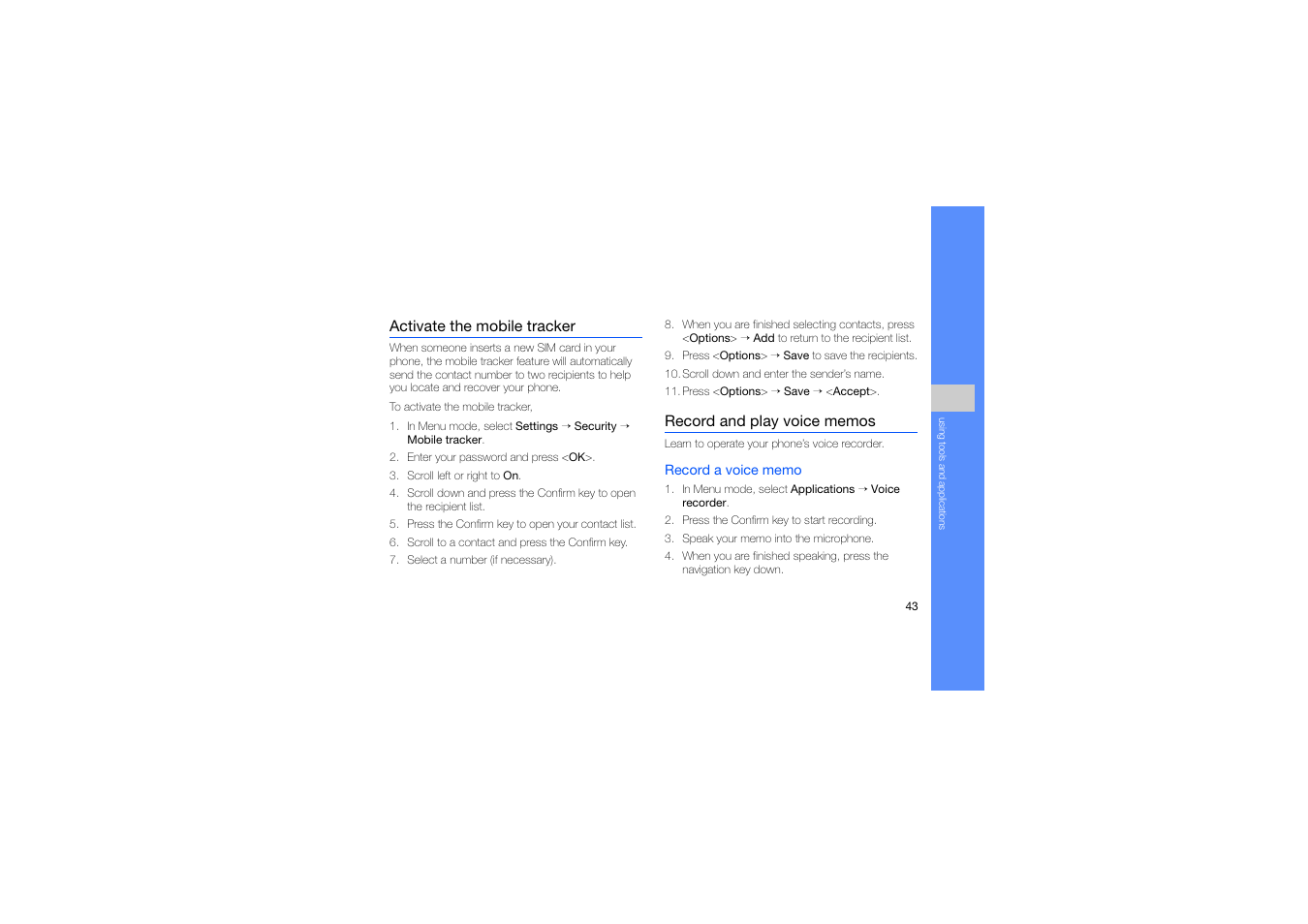 Activate the mobile tracker, Record and play voice memos | Samsung B2100 User Manual | Page 47 / 63